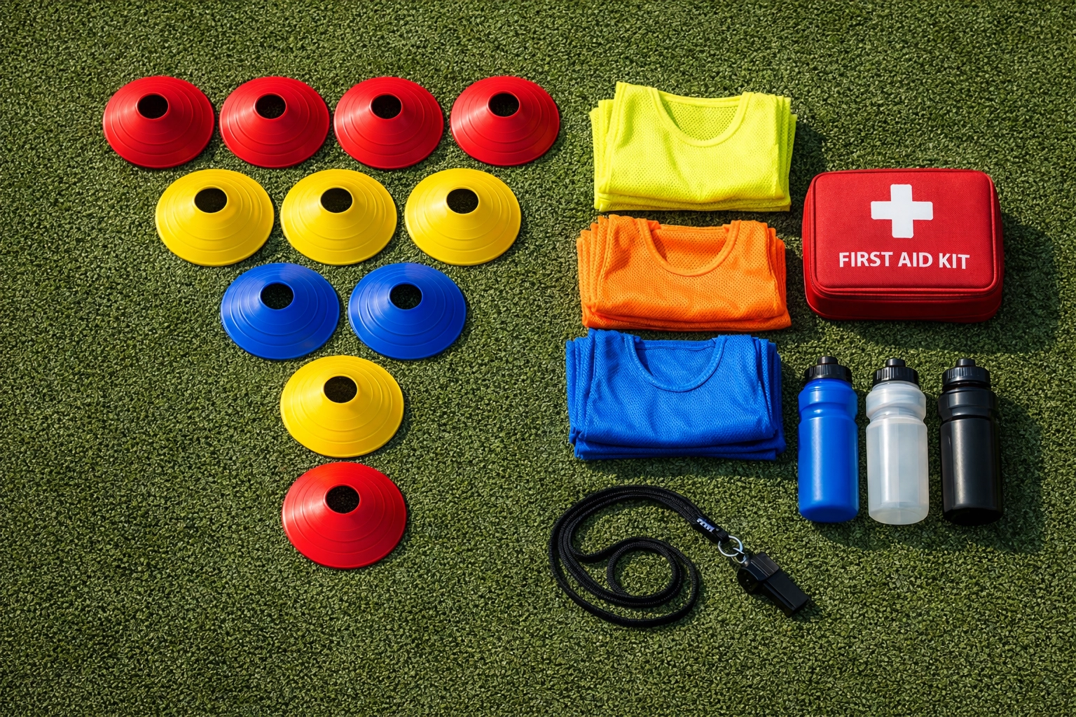 Essential youth coaching equipment organized on turf including cones, pinnies, first aid kit, and whistle