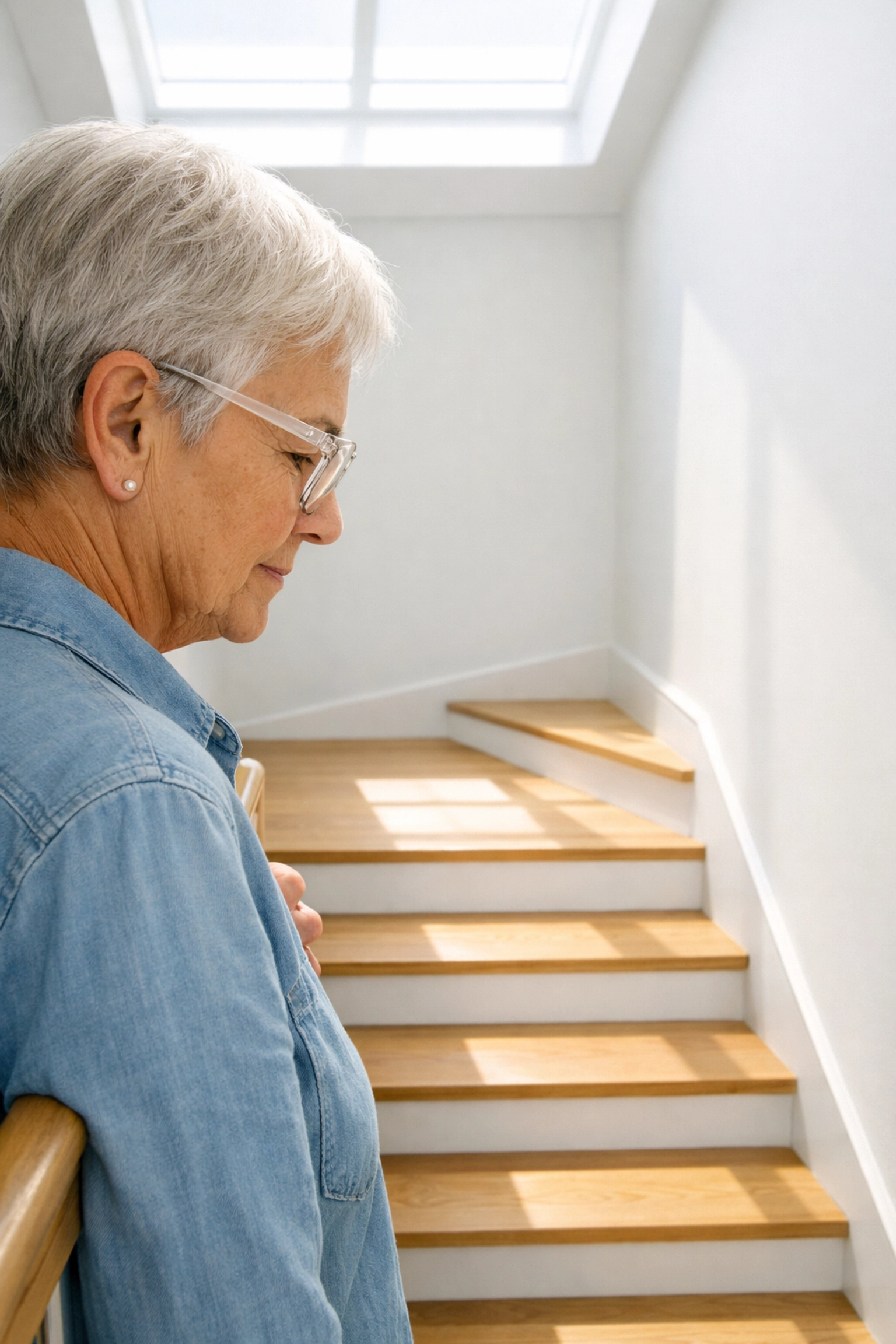A senior navigating a well-lit staircase with clear vision and focus for safe movement.