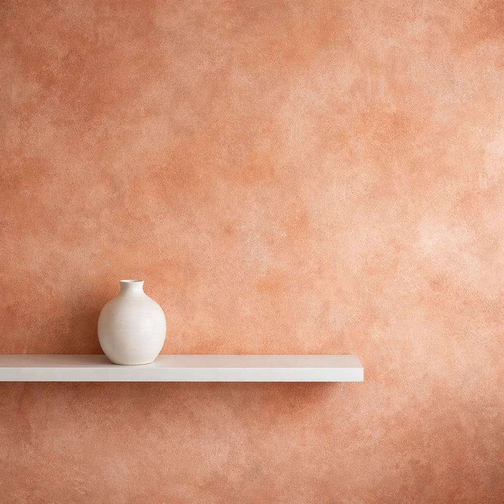 A relaxing bedroom feature wall showcasing a textured terracotta limewash paint finish for a rustic look.