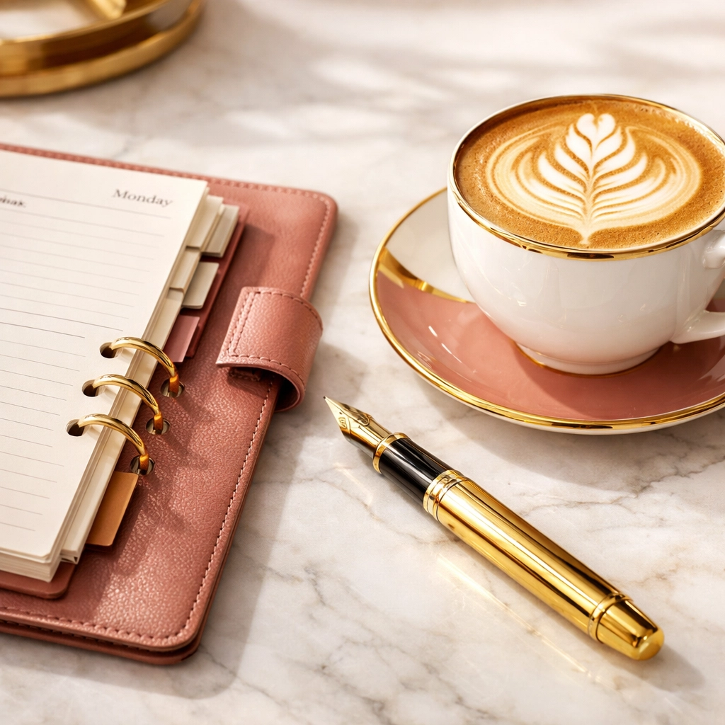 Professional workspace with a leather planner and gold pen, representing high-level business strategy.