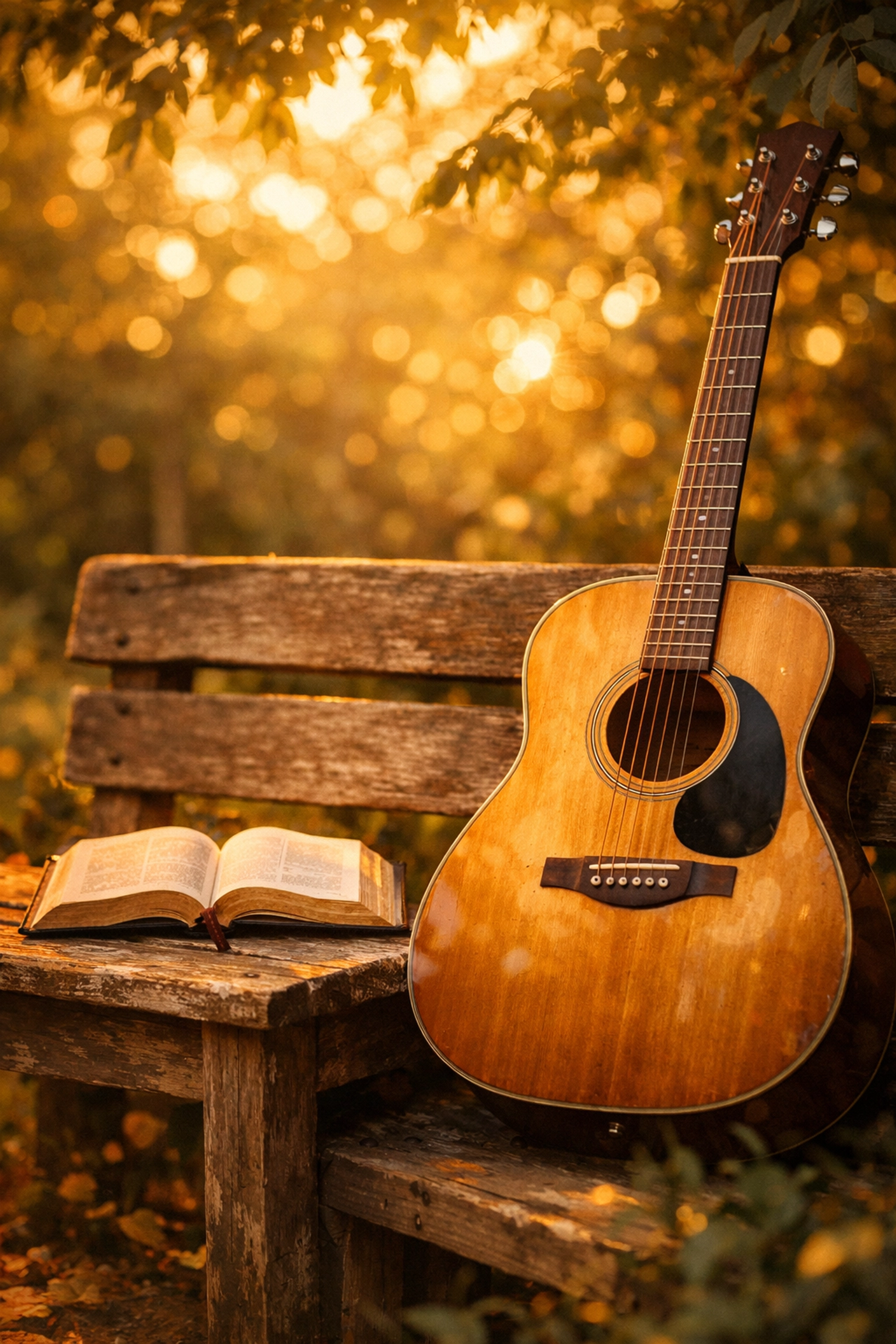 Acoustic guitar and open Bible in a serene garden, symbolizing an inspirational Christian singer songwriter.