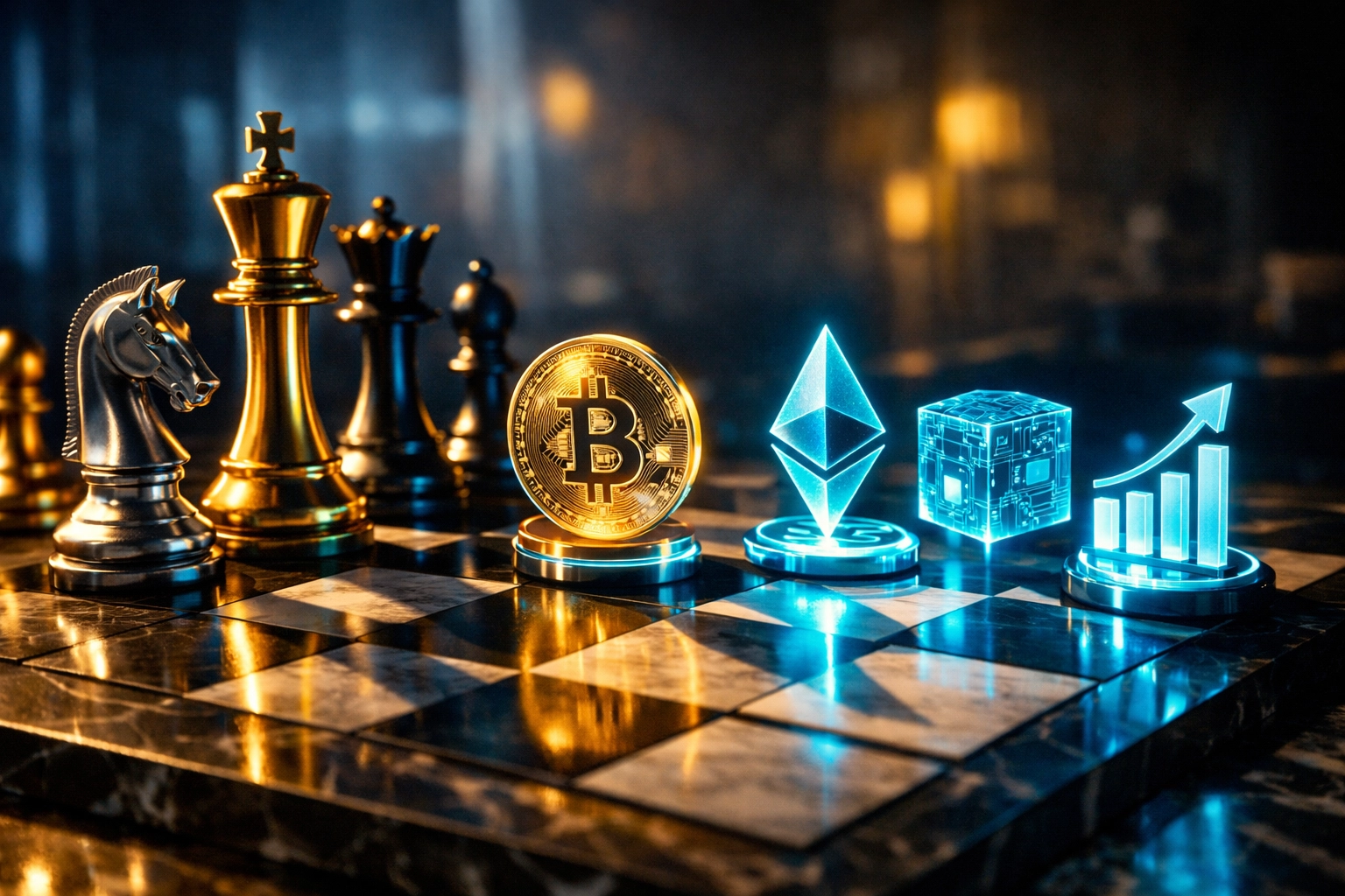 Strategic chess pieces representing traditional and digital asset investment strategies for hedge funds