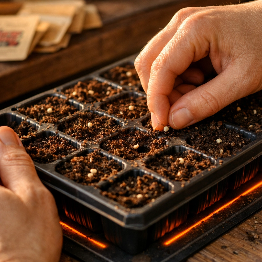 Planting Carolina Reaper seeds in seed starting trays with heating mat