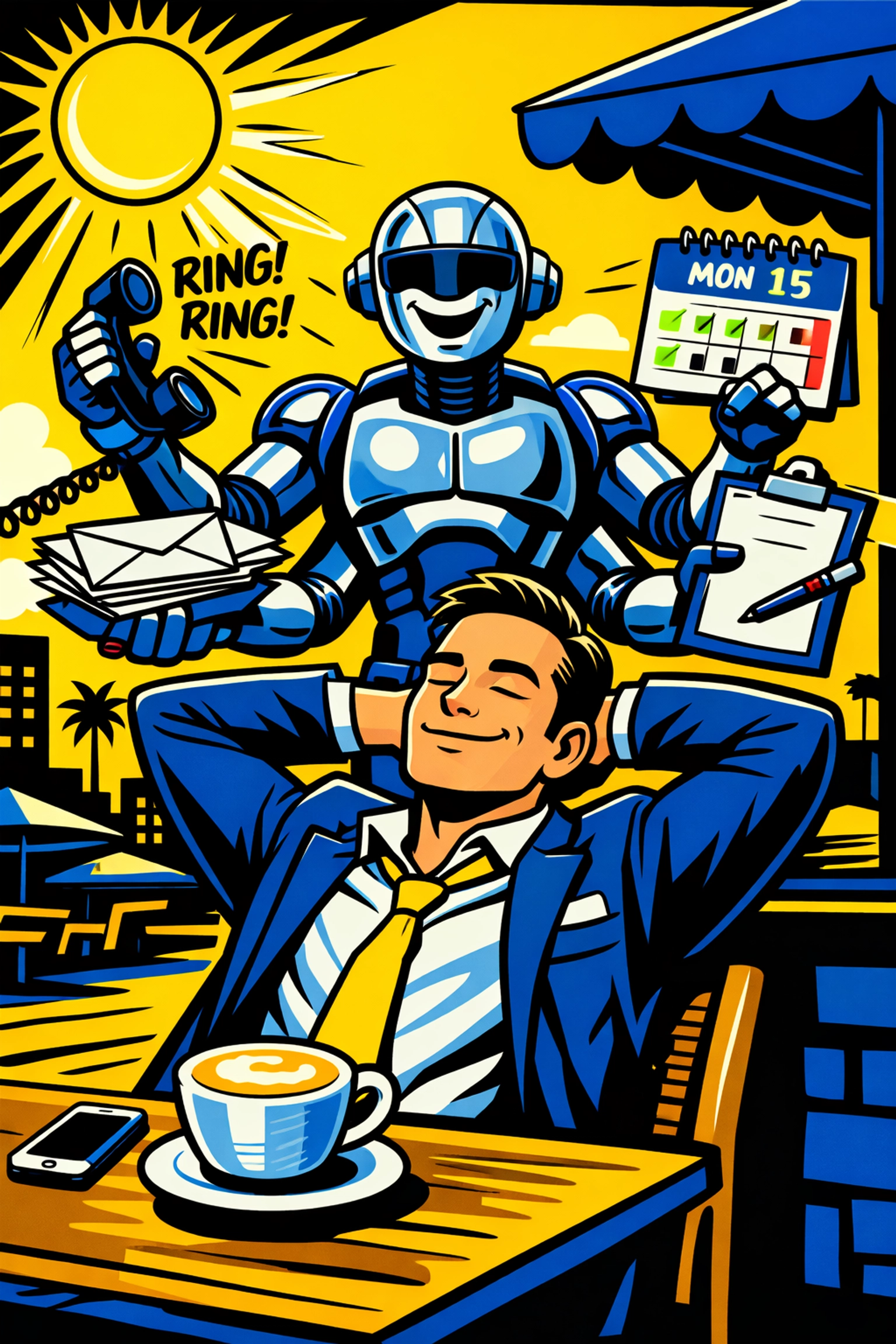 A calm business owner at a cafe as their AI assistant efficiently automates daily admin tasks.