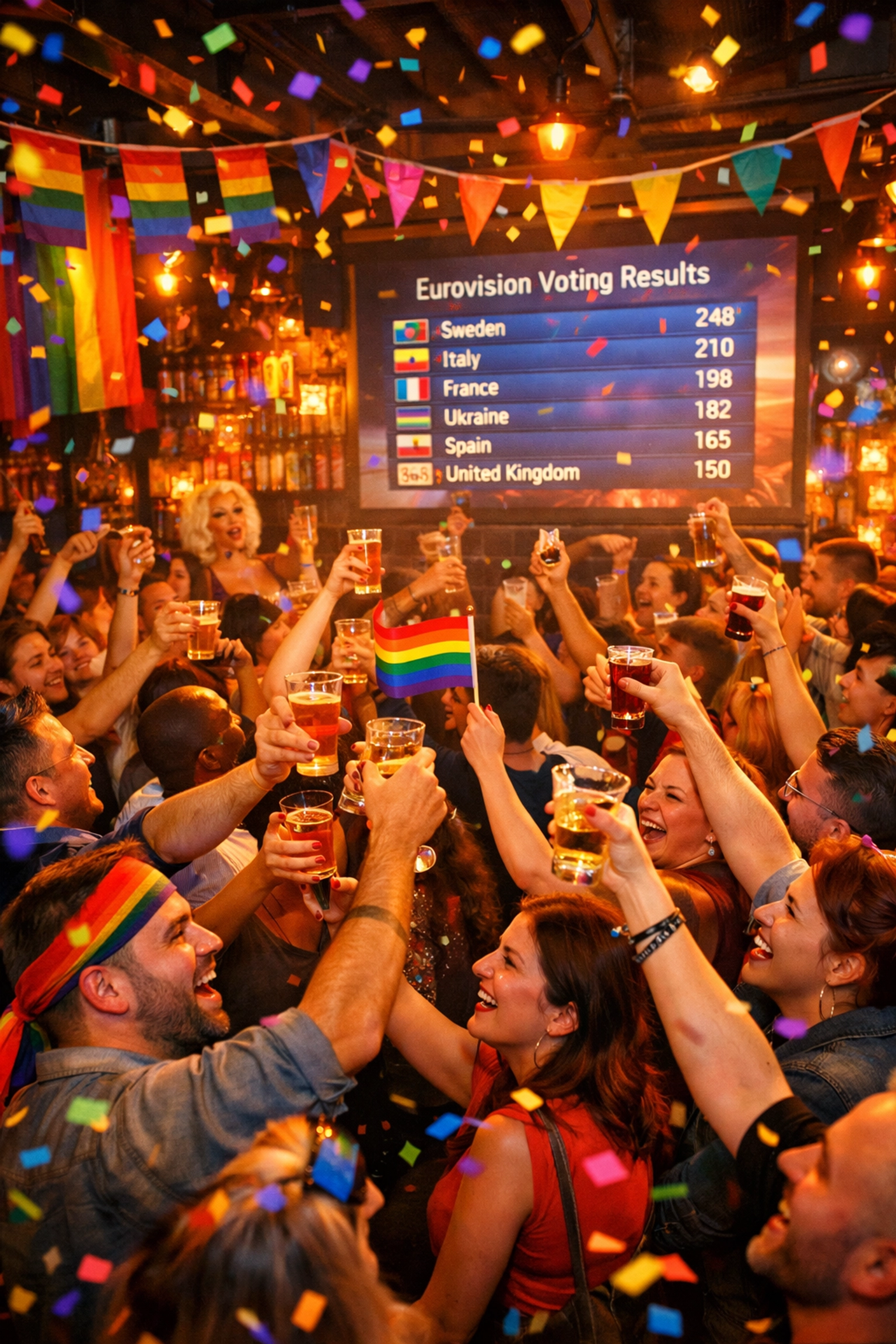 Packed LGBTQ+ bar with fans toasting during Eurovision Song Contest viewing party