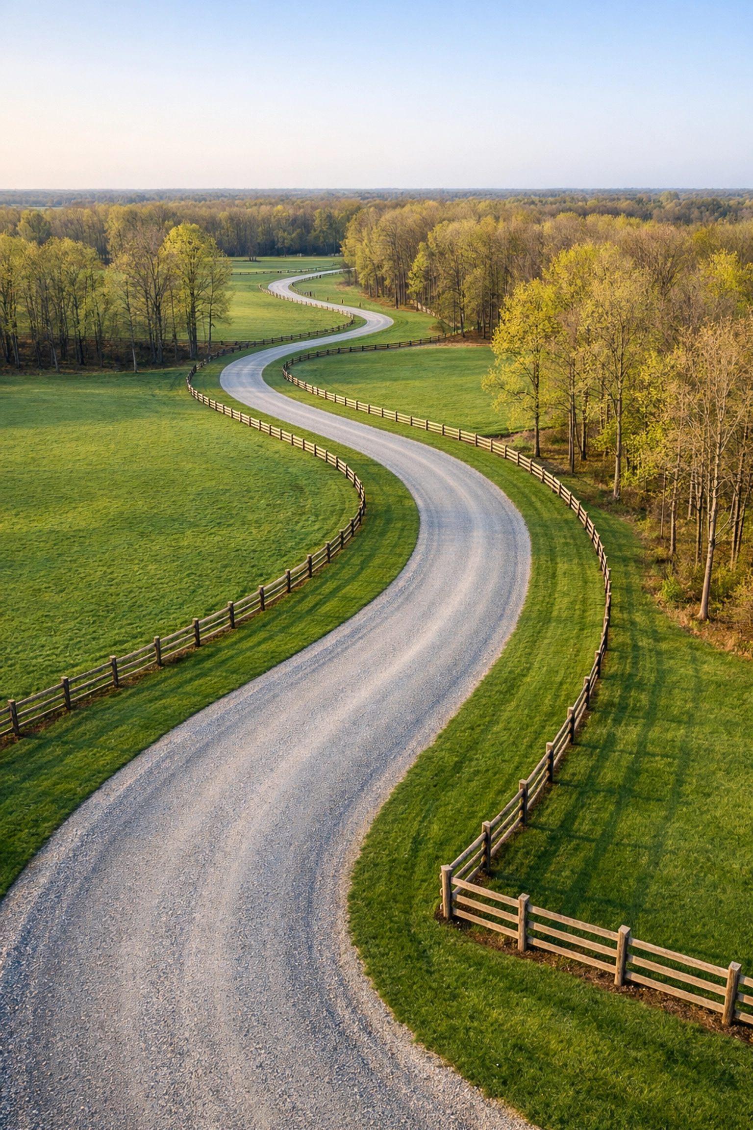 Aerial view of a professionally graded gravel driveway and cleared fencerows on a Clarkston estate.