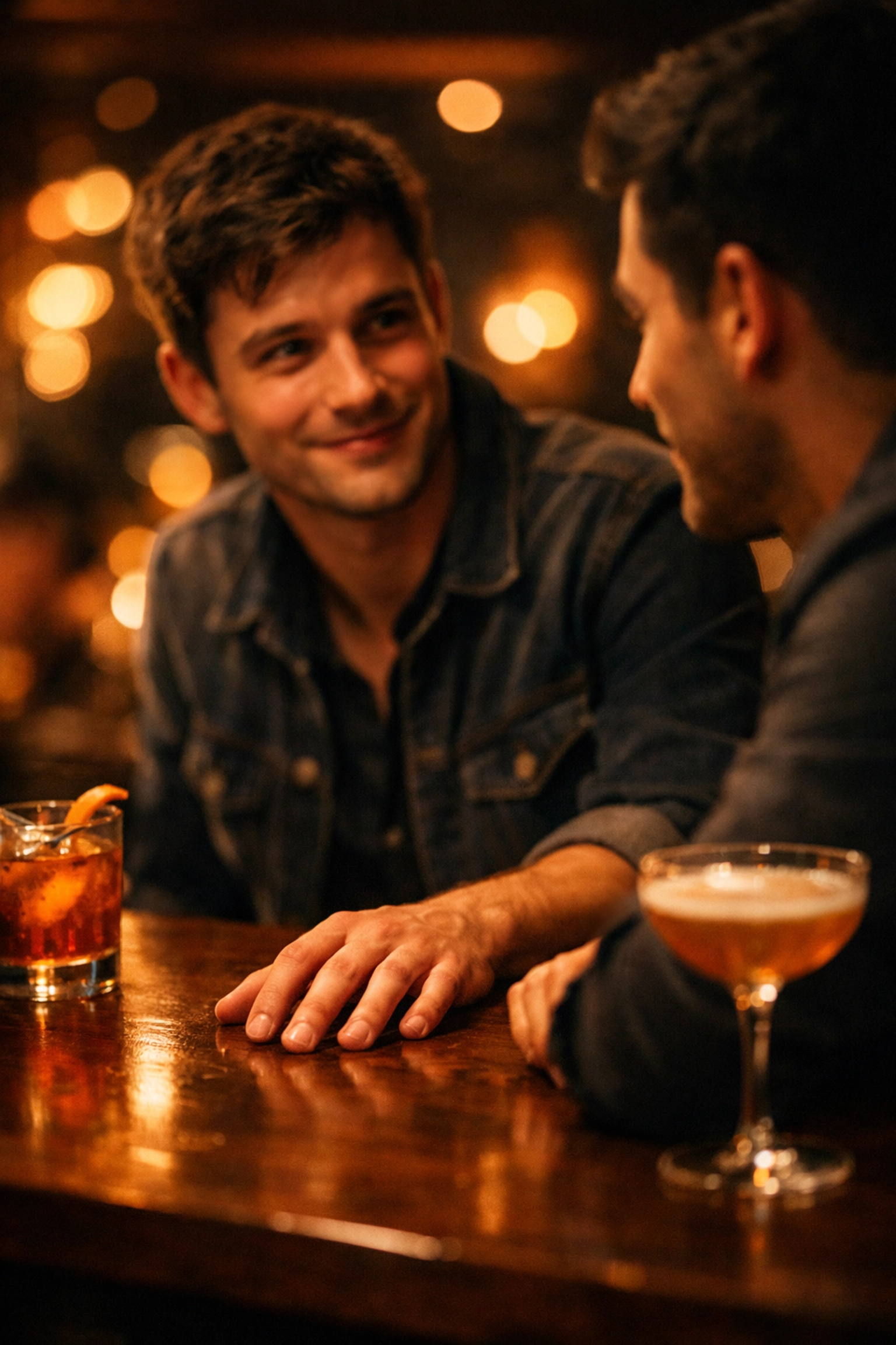 A romantic first date between two men, capturing the early-stage spark and excitement of a new queer relationship.