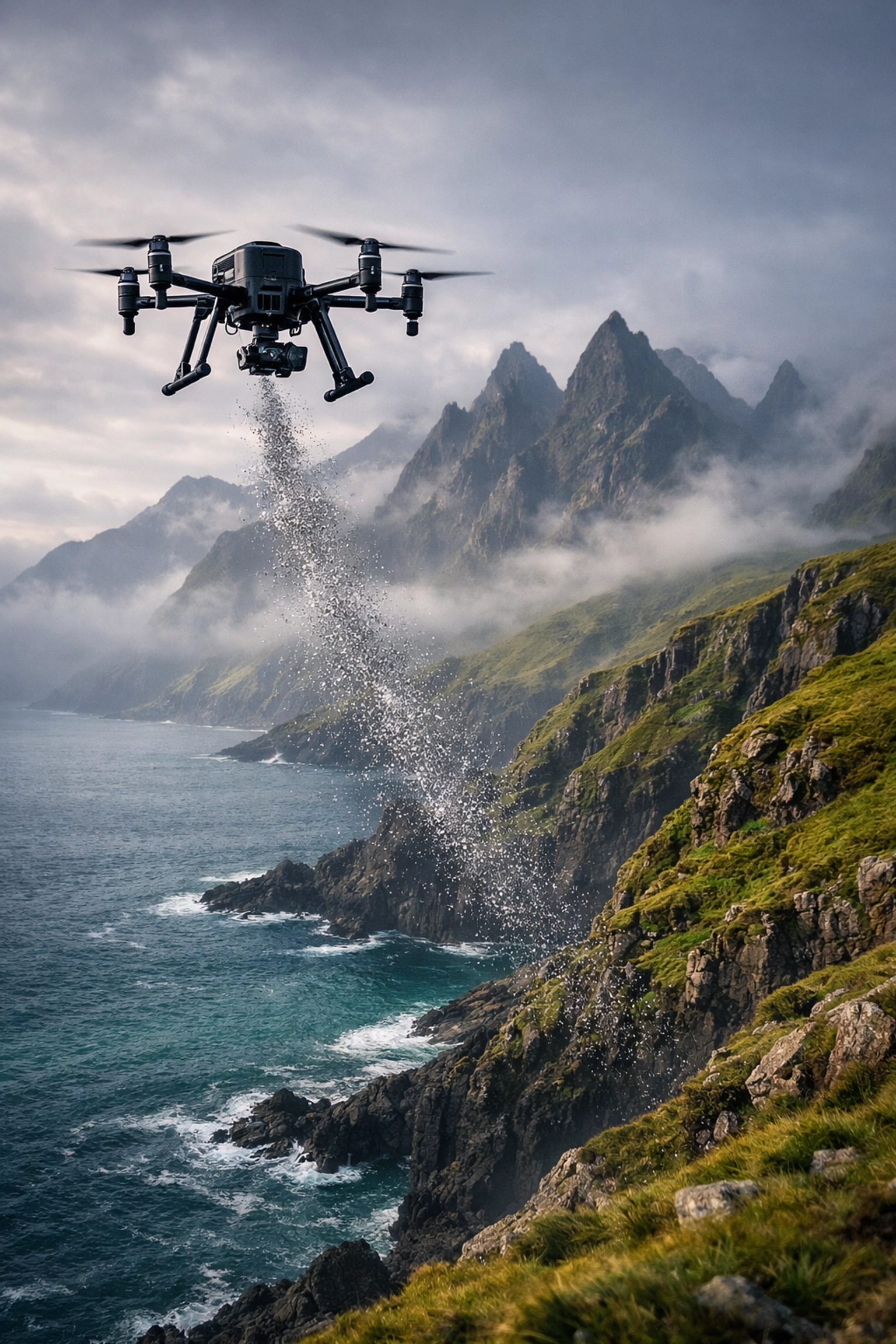 Drone ash scattering ceremony over the rugged cliffs of the Isle of Skye in the Scottish Highlands.