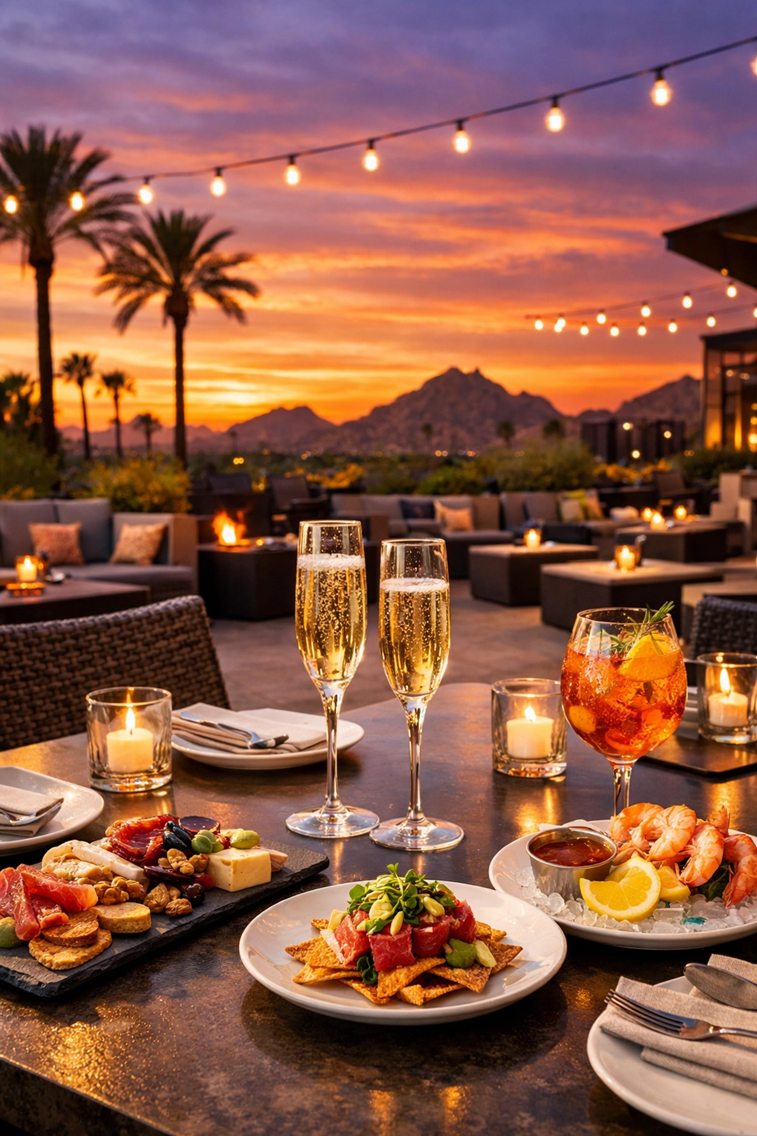 Luxury outdoor patio dining in Scottsdale at sunset, reflecting the active and upscale lifestyle of the area.