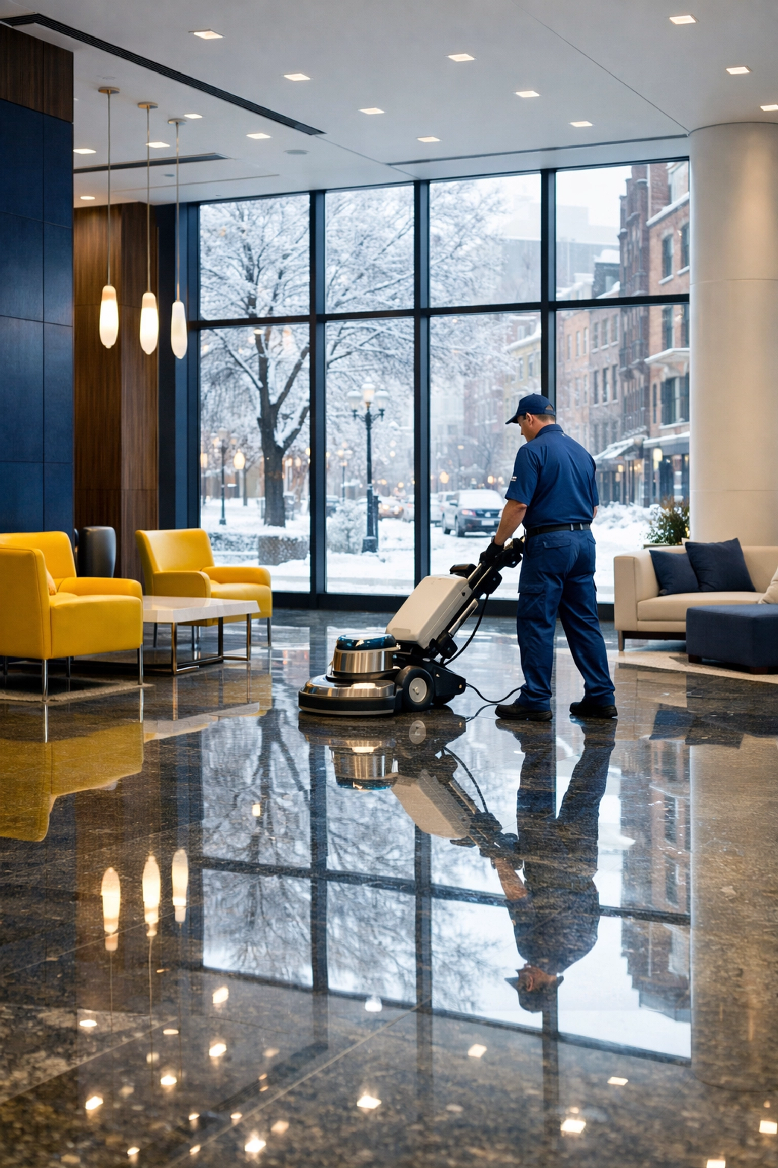 Professional janitorial services Massachusetts providing winter floor care and salt removal in a modern Boston office.
