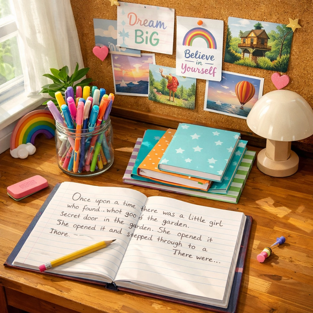 Organized child's writing desk with colorful supplies and notebooks for creative writing practice