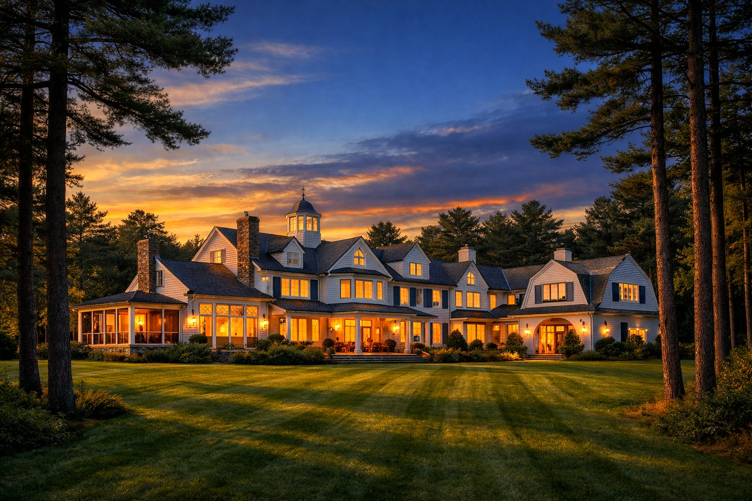 Exterior view of a pristine estate maintained by luxury house cleaning in Dover MA professionals.