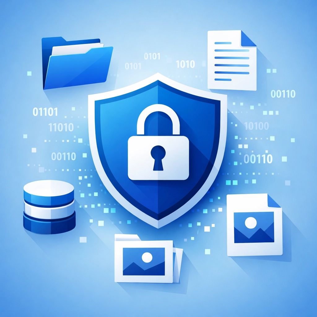 Encrypted backup data protected by security shield and padlock for cybersecurity