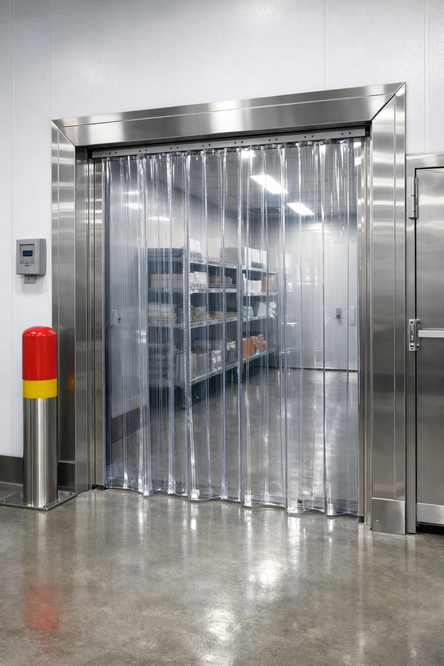 Professional walk-in coldroom doors fitted with energy-saving heavy-duty PVC strip curtains in a food facility.
