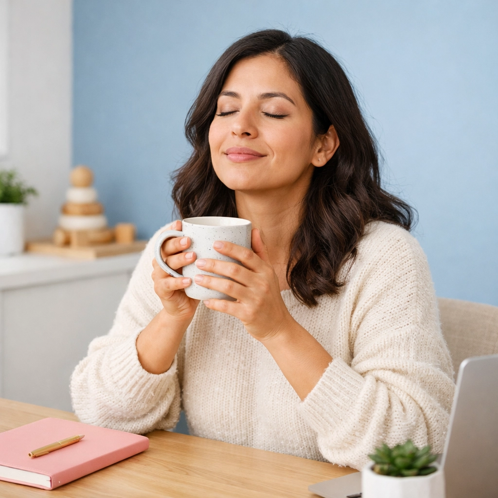 A Hispanic mom entrepreneur practicing a quiet transition at her home office desk to start her business day calm.