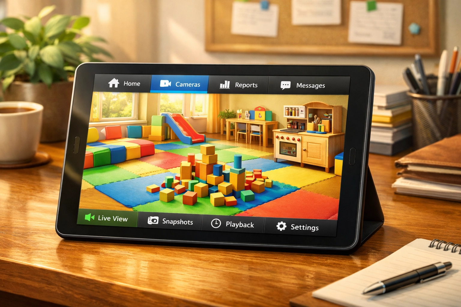 Nursery manager monitoring a secure playroom via a high-definition CCTV tablet interface for peace of mind.
