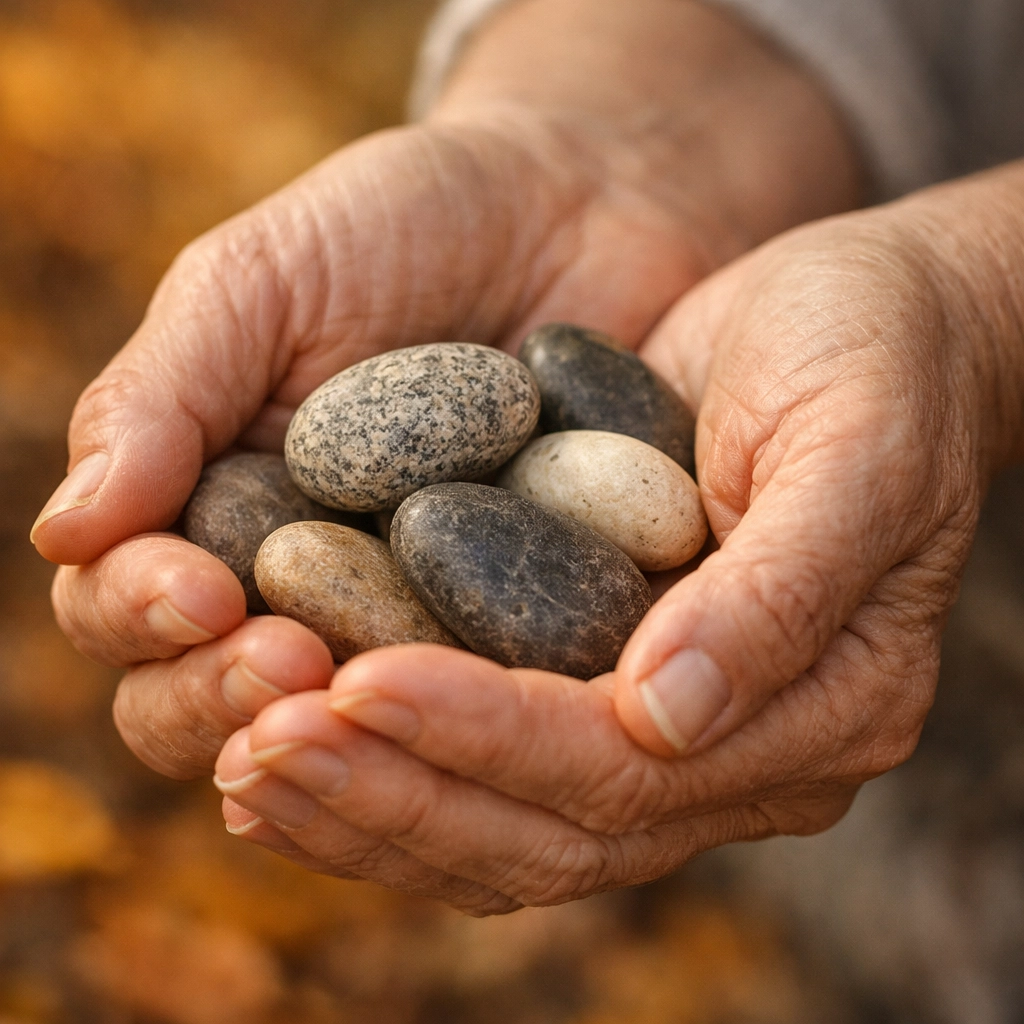 Close-up of hands holding river stones, symbolizing the wisdom and grace gained after fifty years.