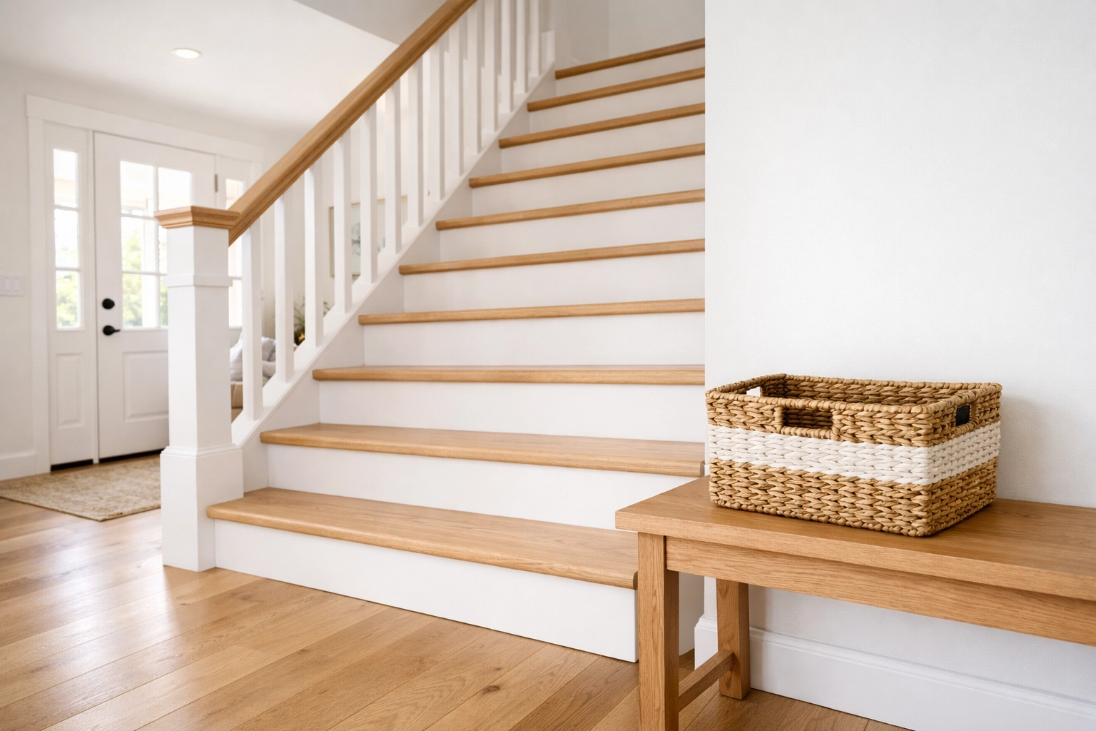 A clear, clutter-free staircase with a storage basket nearby to prevent tripping hazards.