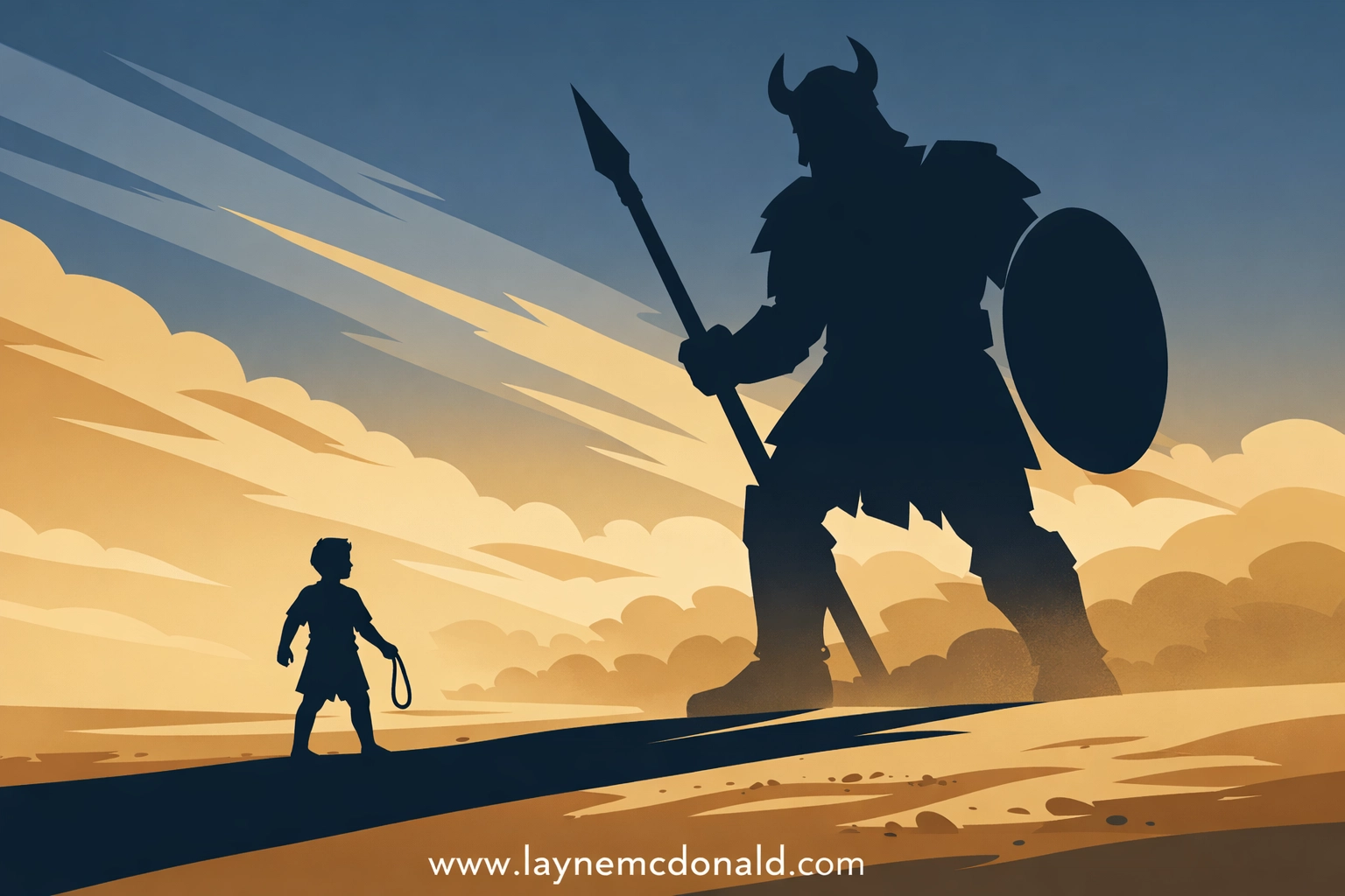 David facing giant Goliath in epic biblical battle scene from DAVID 2026 animated movie