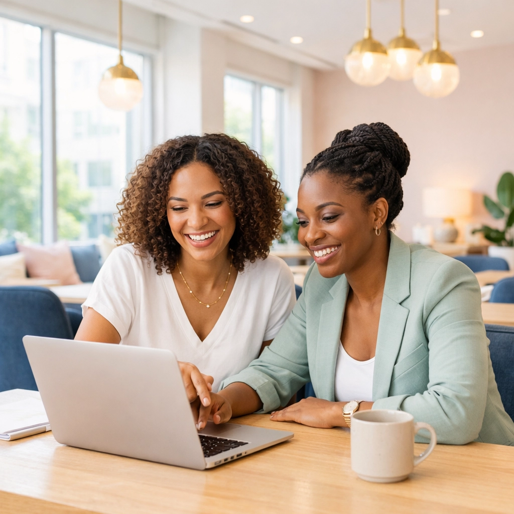 Two professional coaches collaborating on a client journey system in a bright, modern co-working space.