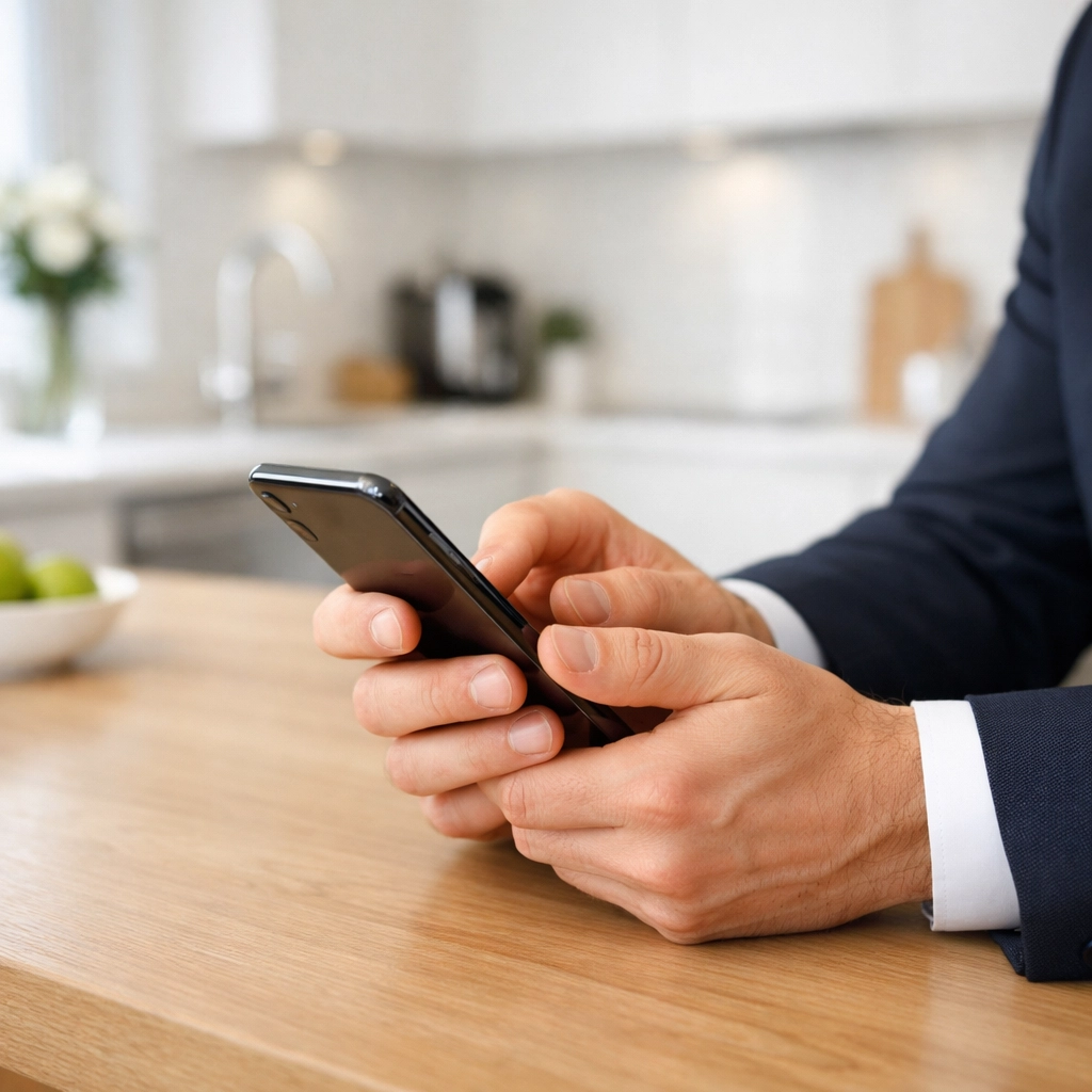 Hands scheduling professional make-ready cleaning on a smartphone in a bright, modern kitchen.