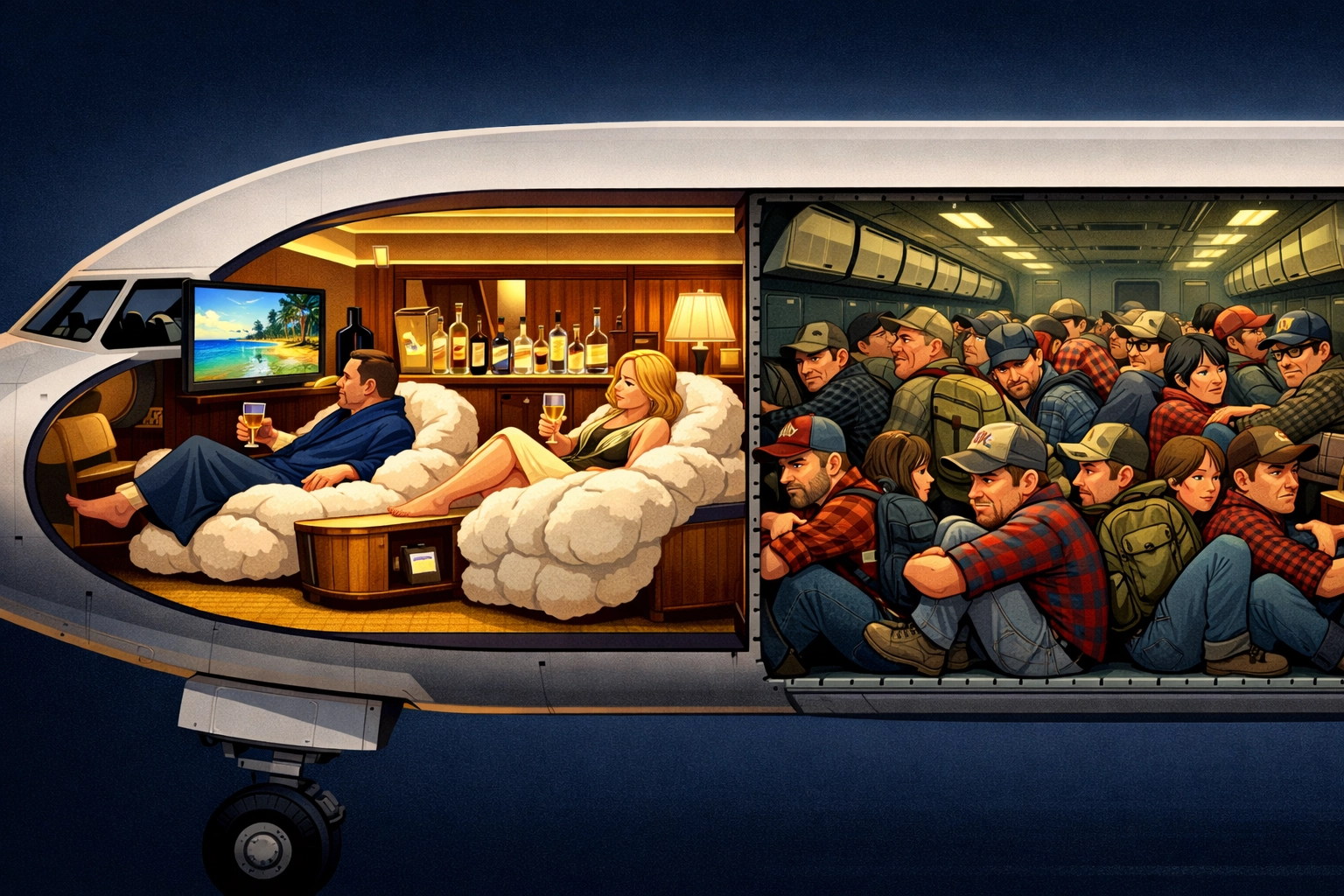 Airplane cross-section showing spacious luxury suites vs passengers packed like sardines.