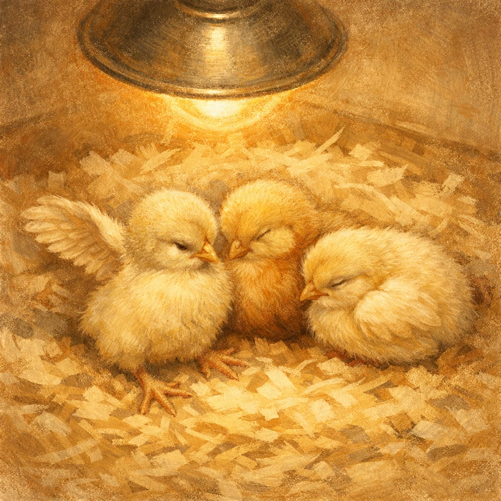 Three baby chicks Mohawk, Feisty, and Sunshine nestled together in warm farm brooder