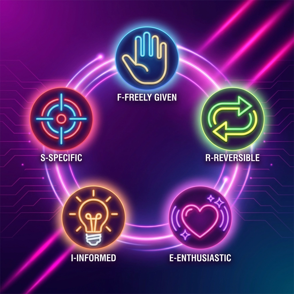 FRIES consent framework visual with icons: freely given, reversible, informed, enthusiastic, and specific consent