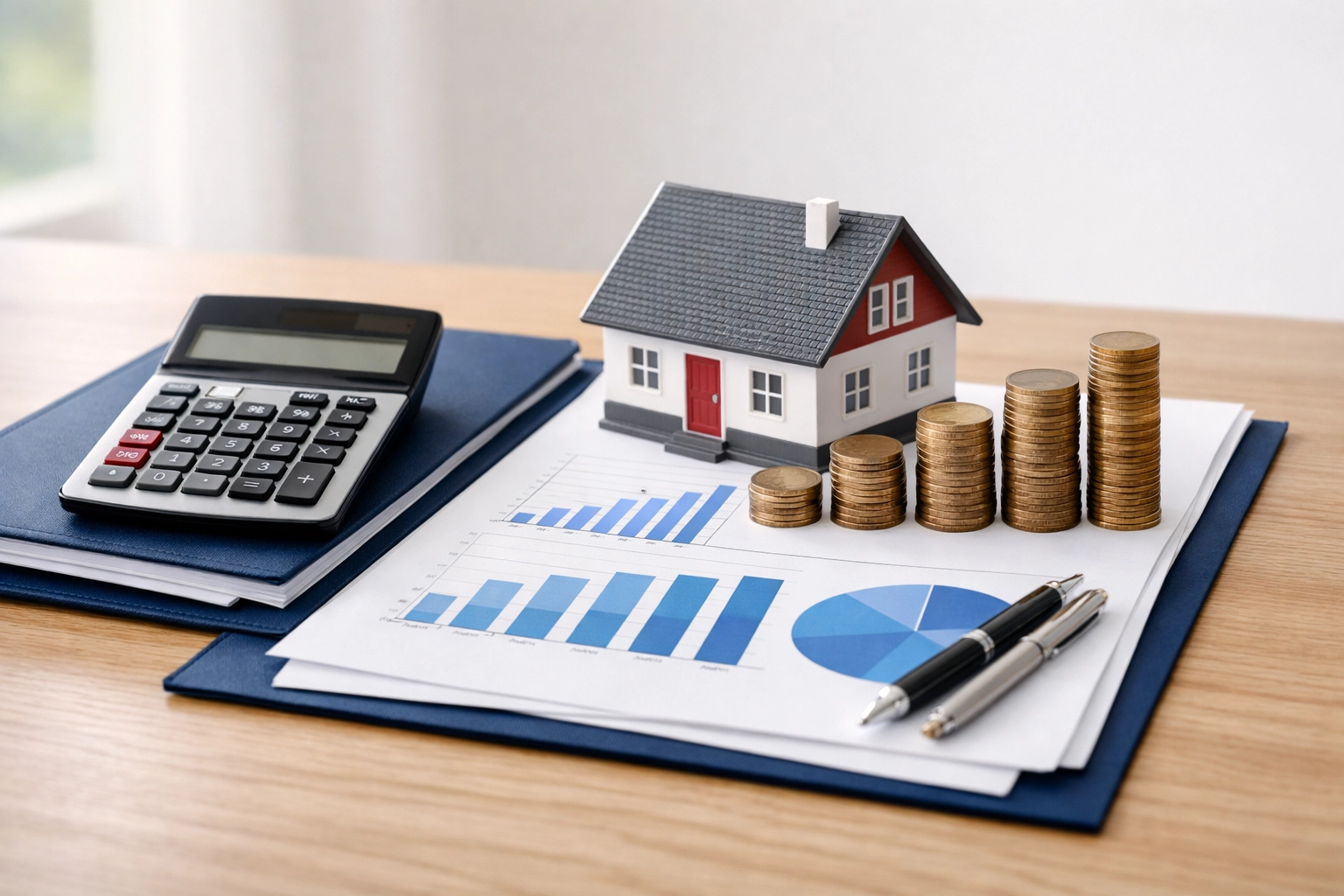 Mortgage cost planning with calculator, model house, and financial charts