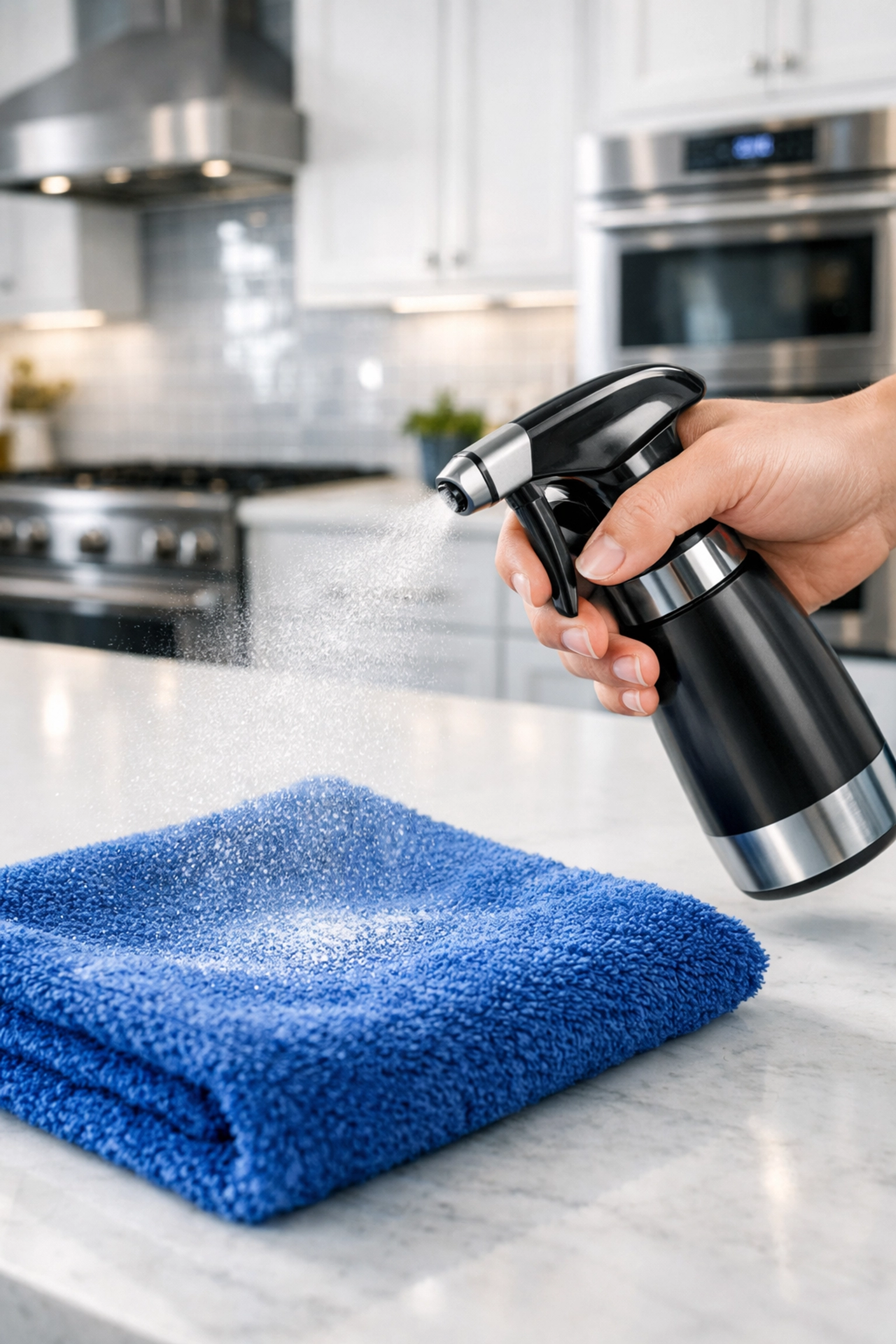 Professional house cleaning Worcester MA using a spray bottle and microfiber cloth in a luxury kitchen.