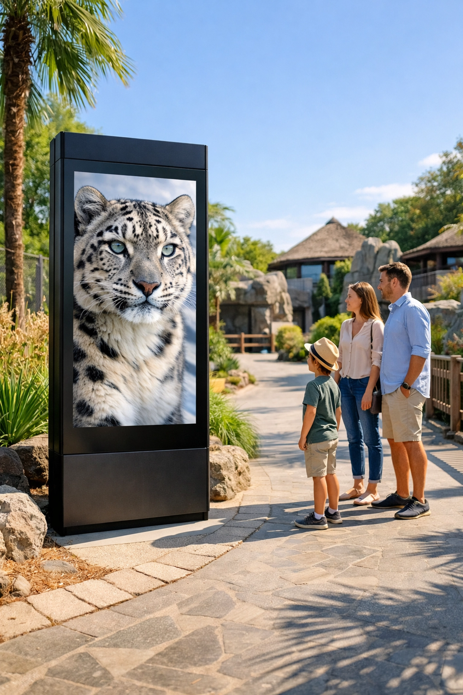 Modern digital signage at a zoo displaying high-resolution animal content to engaging visitors.