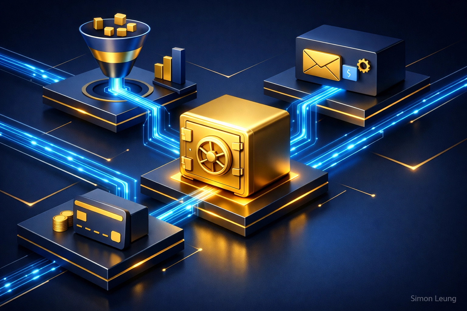 Automated online business systems connected by data streams flowing to wealth vault - Simon Leung