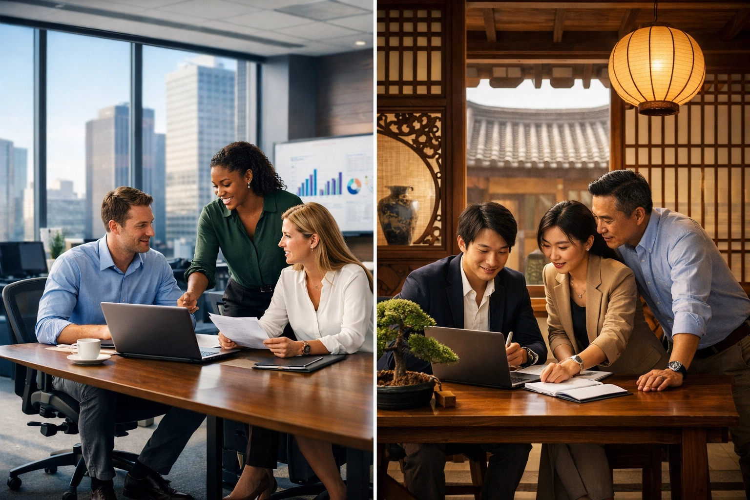 Split view of American and international office spaces showing global business localization strategy