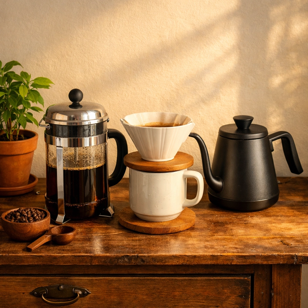 Essential home brewing gear including a French press, ceramic pour-over dripper, and gooseneck kettle.