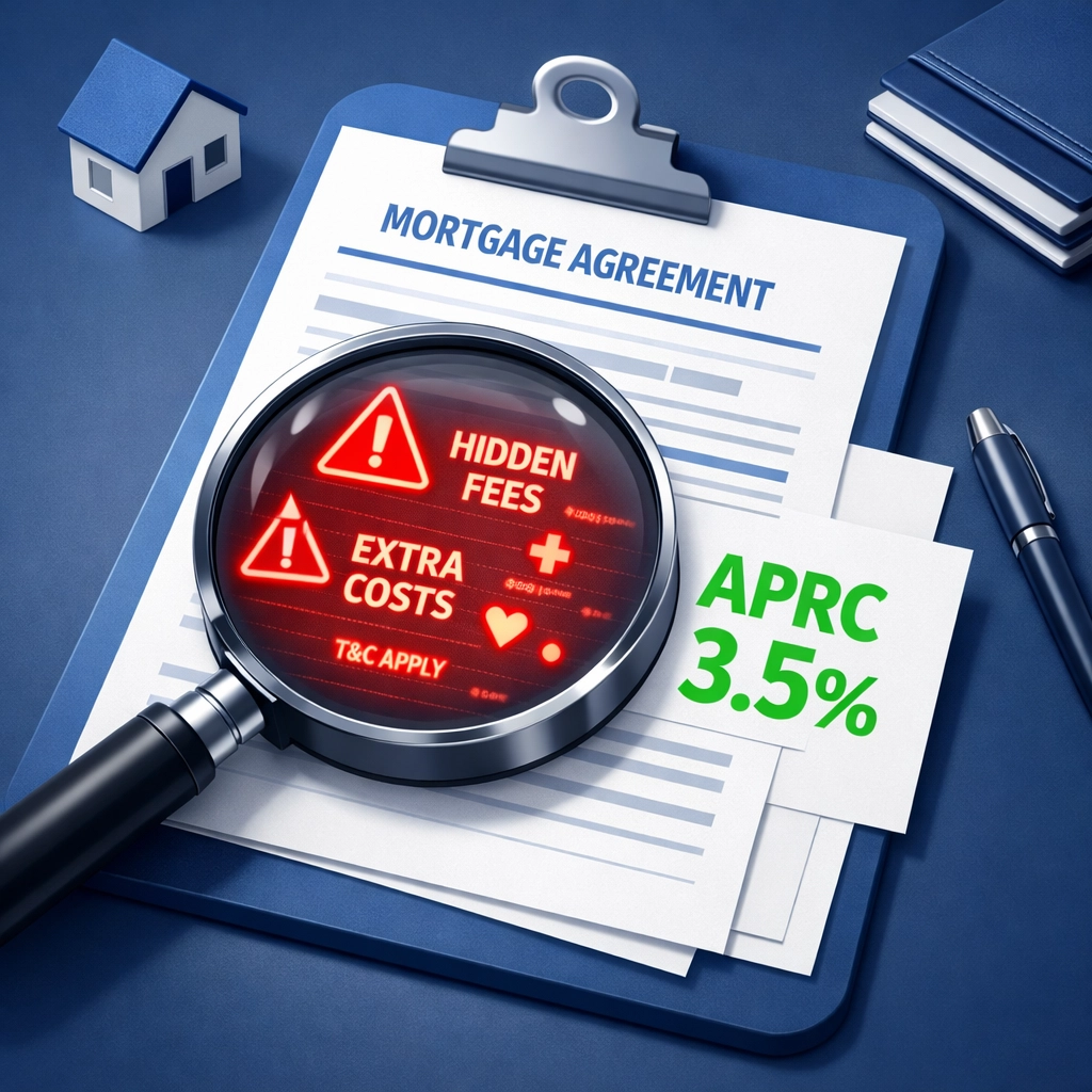 Magnifying glass examining mortgage document revealing hidden fees and APRC costs