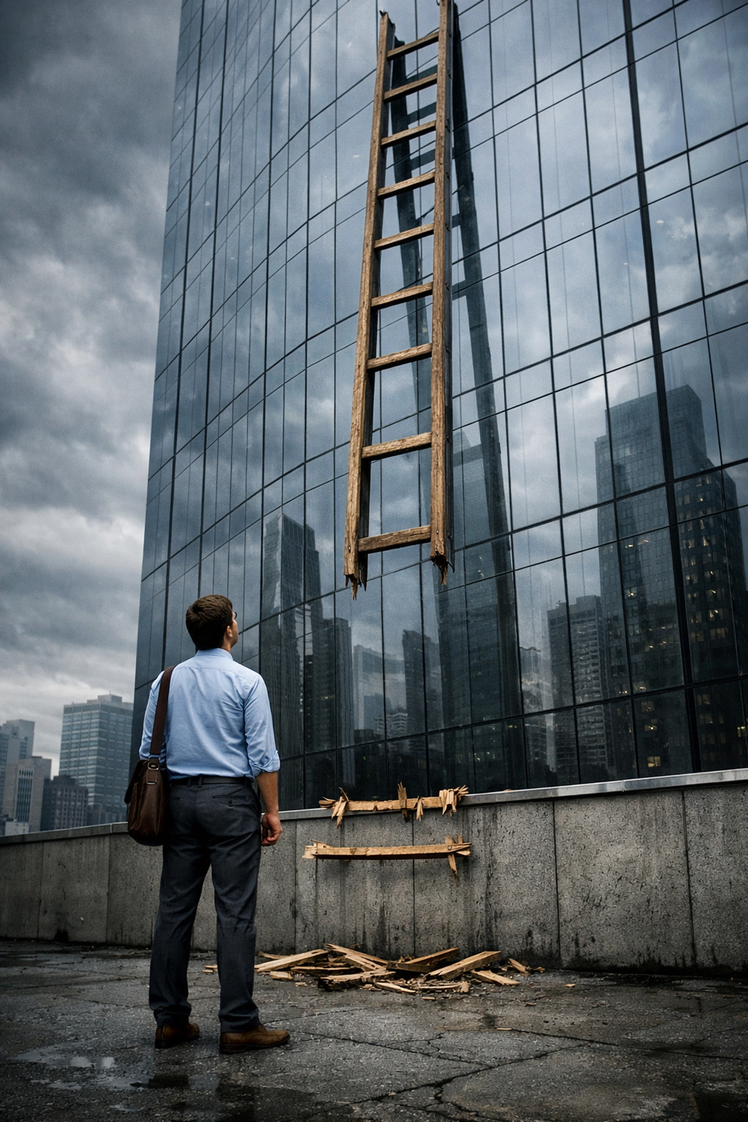 A young professional standing before a broken career ladder, illustrating high youth unemployment rates.