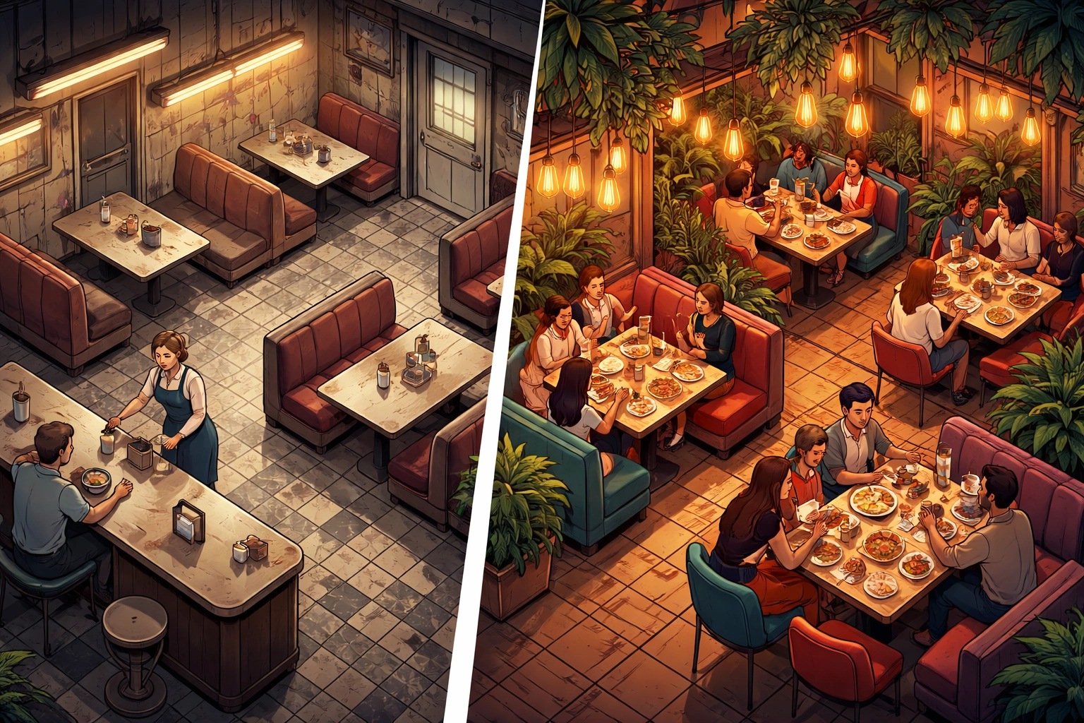 Restaurant interior split between outdated diner and vibrant modern eatery highlighting brand value and guest experience