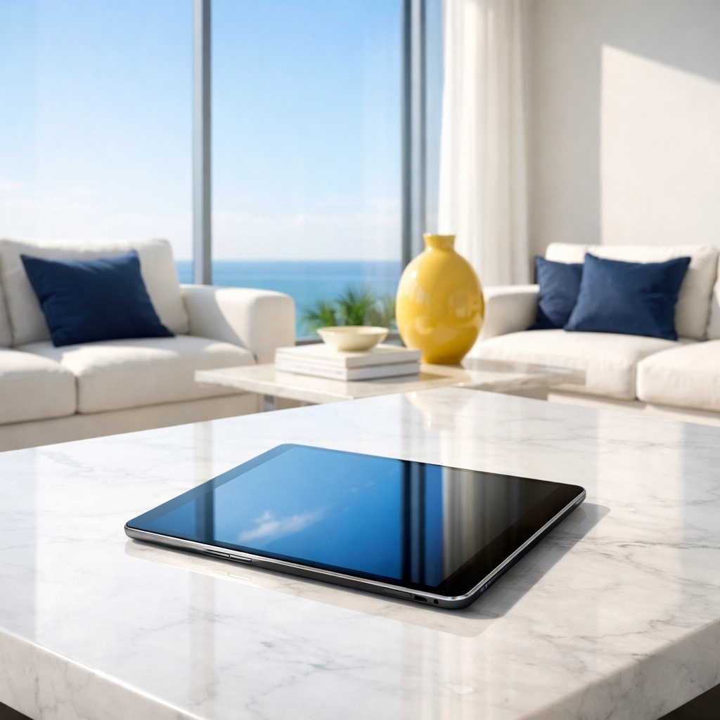 Spotless luxury living room with white sofas reflecting the quality of top cleaning services near me.