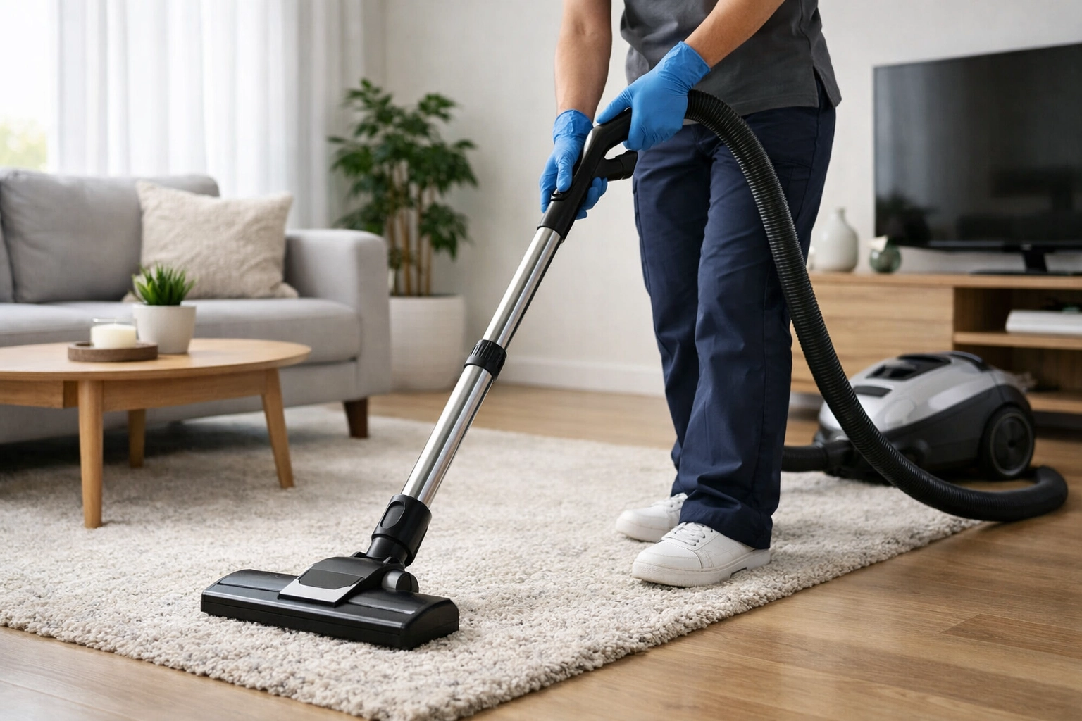 Professional house cleaner providing reliable cleaning services in modern home