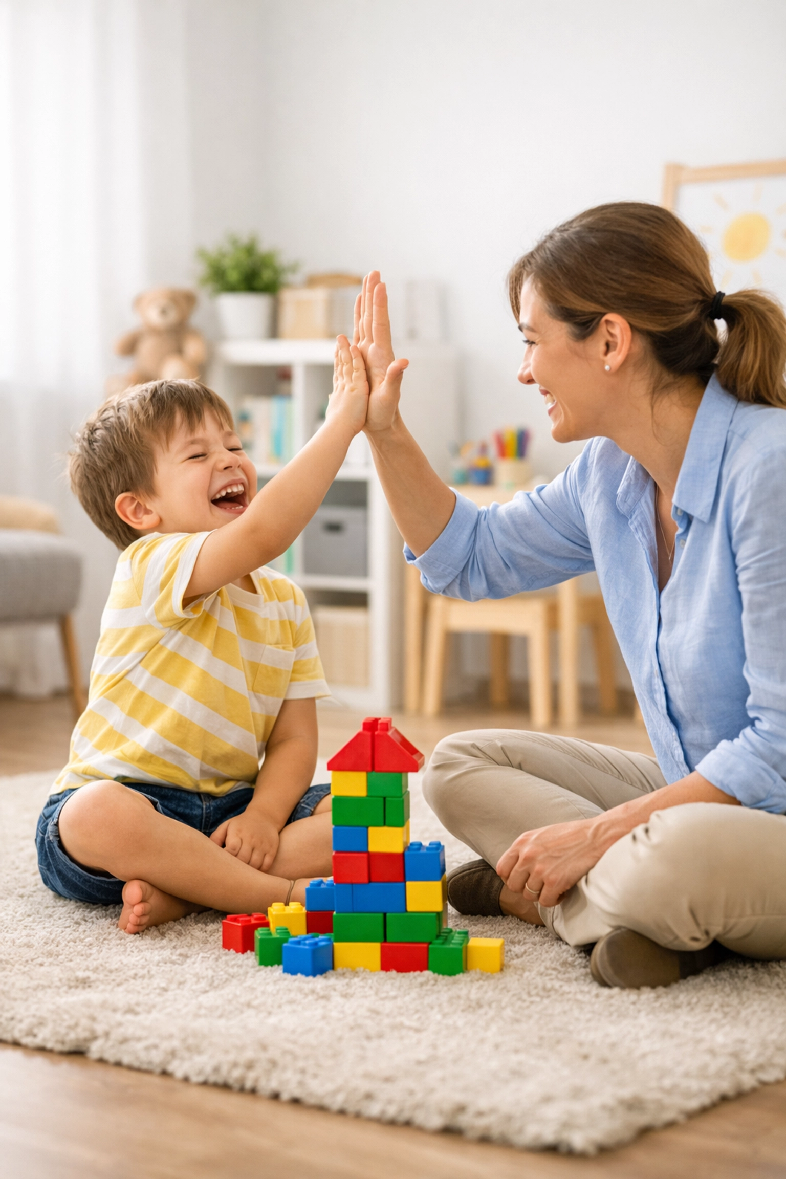Child and BCBA Georgia celebrating progress with a high-five during a successful ABA therapy session.