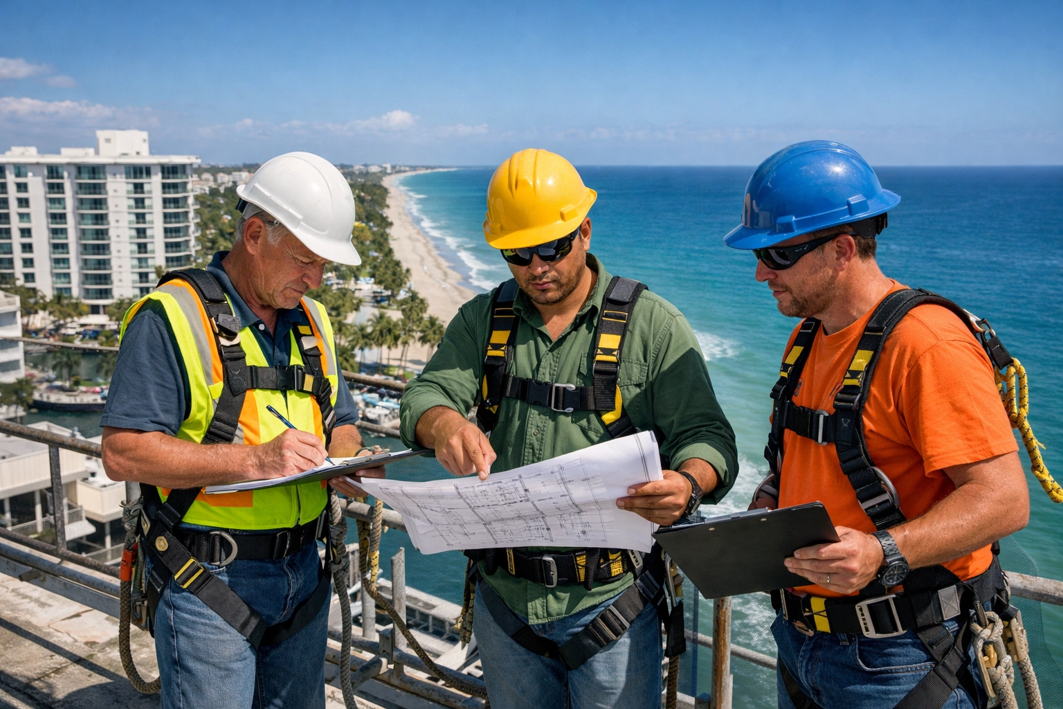 Construction workers on high scaffolding evaluating a coastal building with clipboards and blueprints