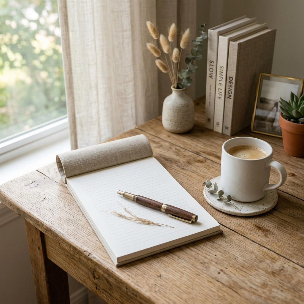 Minimalist workspace featuring a linen-textured notepad and a fountain pen
