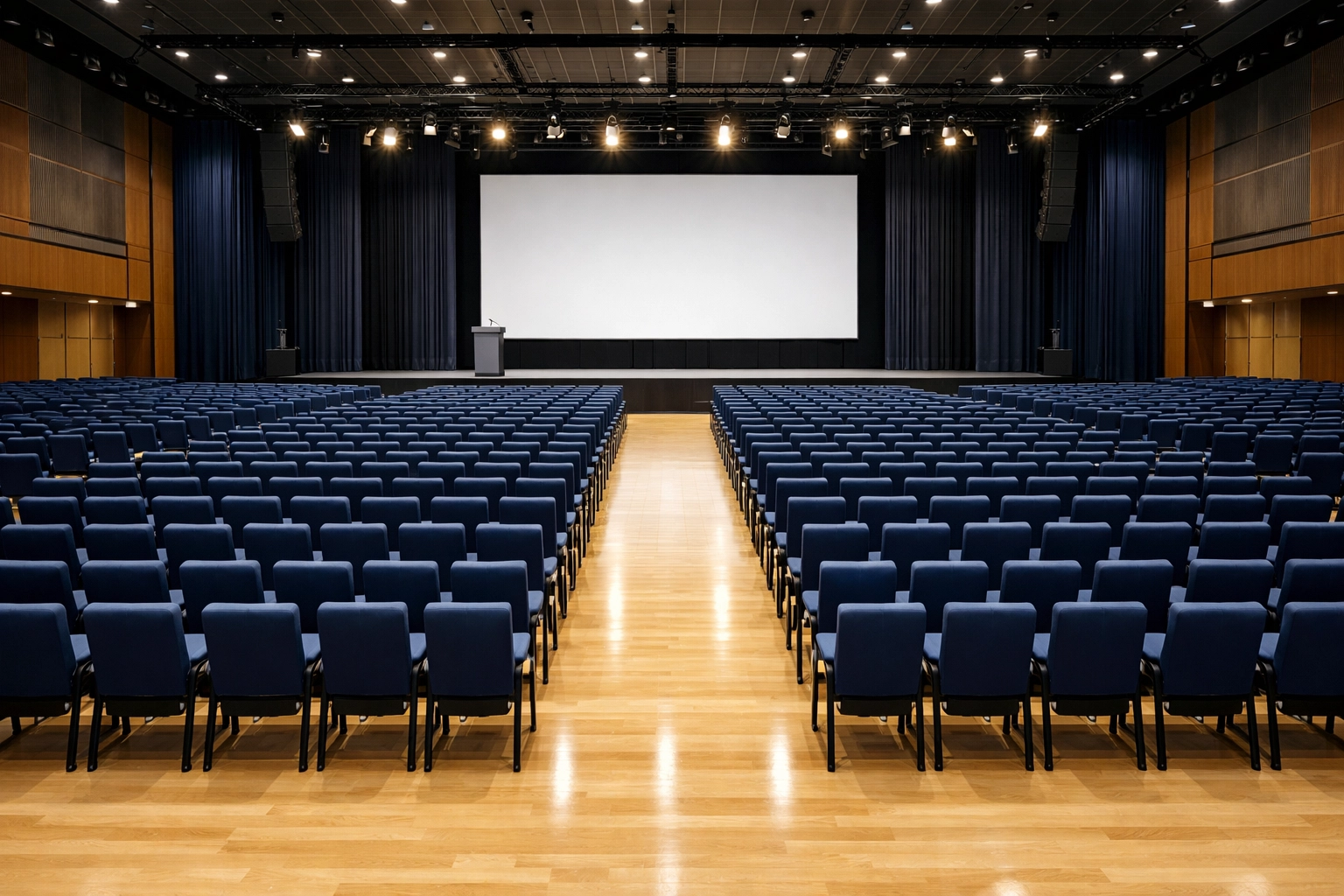 Professionally cleaned auditorium with organized seating and spotless floors ready for a corporate event.