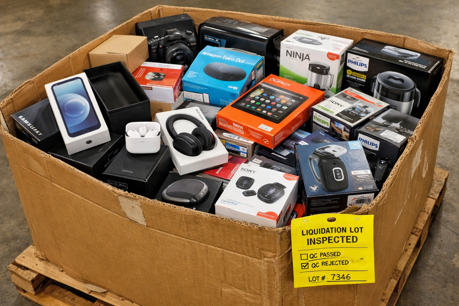 Opened liquidation pallet showing electronics and customer returns with original packaging
