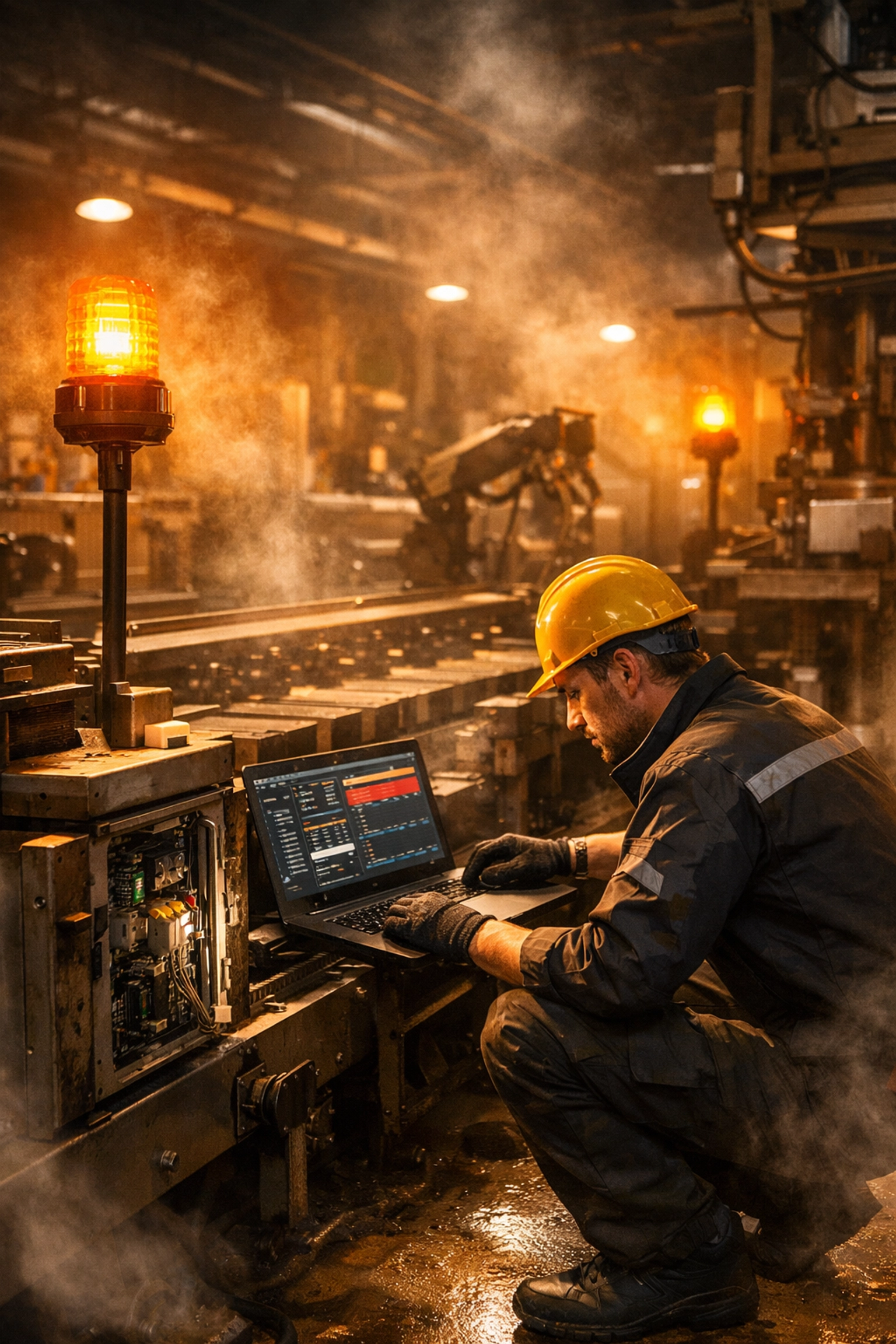 Industrial maintenance worker troubleshooting production downtime with diagnostic equipment