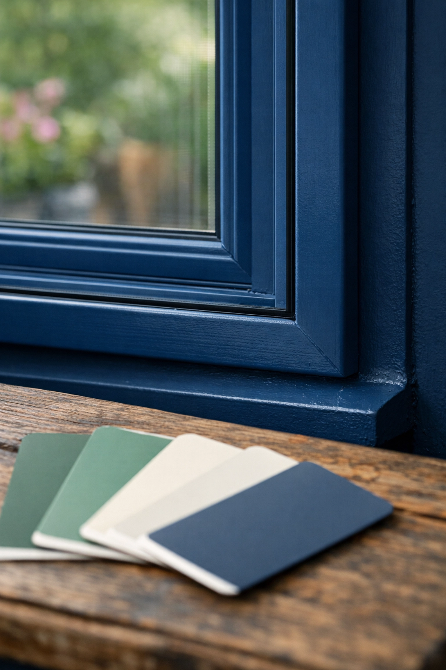 Bespoke secondary glazing frame color-matched to heritage blue using RAL swatch cards.