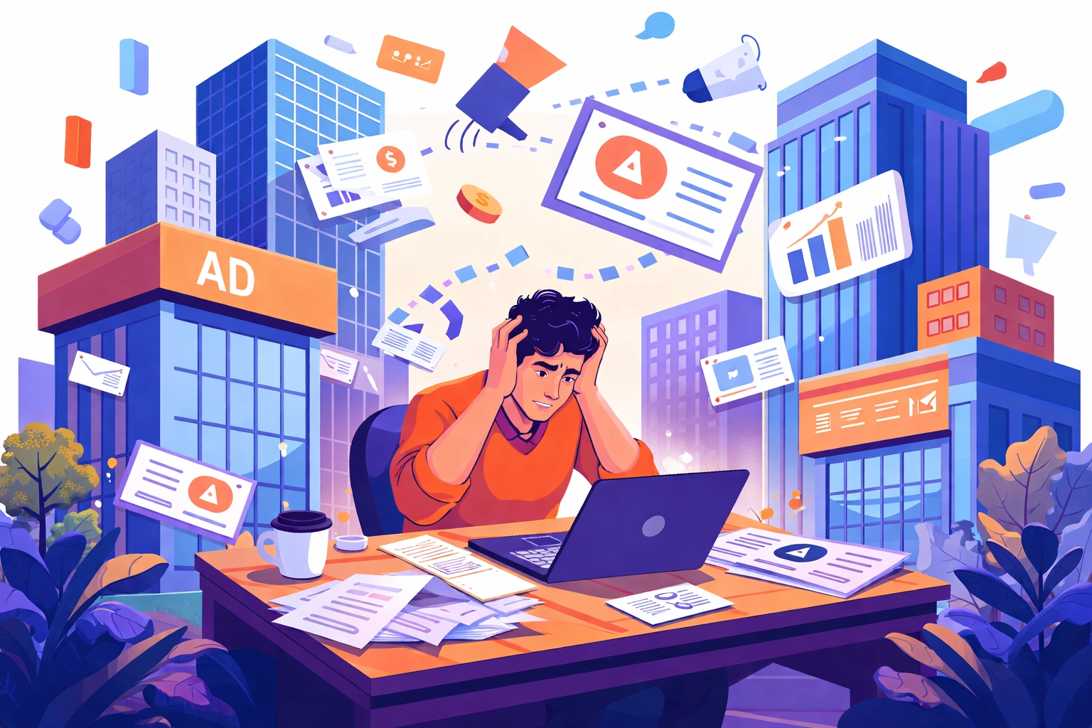 Small business owner overwhelmed by big agency marketing tactics and corporate competition