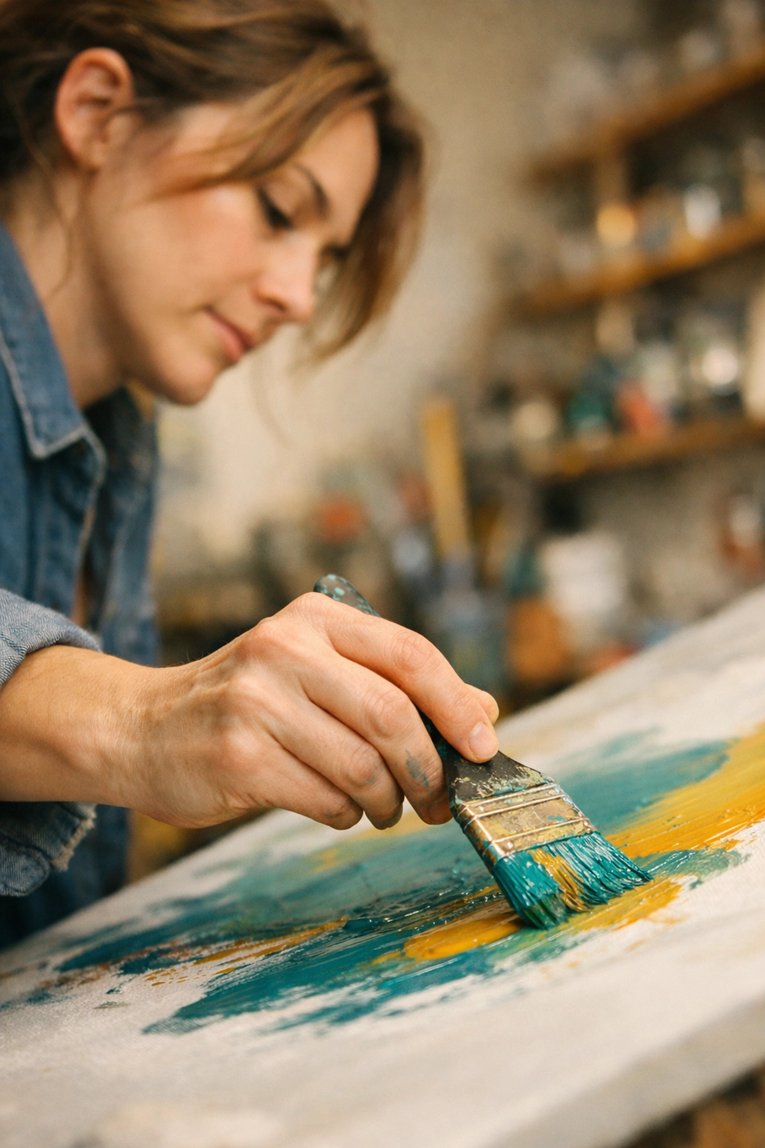 An employee experiences a flow state and mental release during a corporate creative workshop.