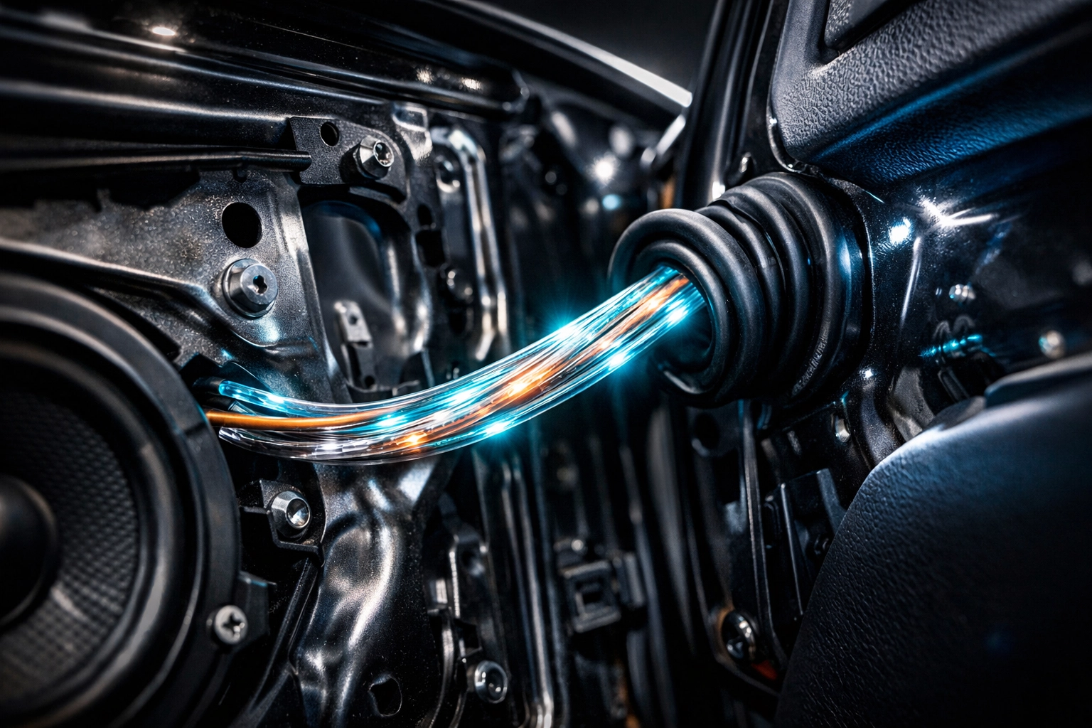 Professional car speaker wire routing through a rubber door boot into the door assembly.