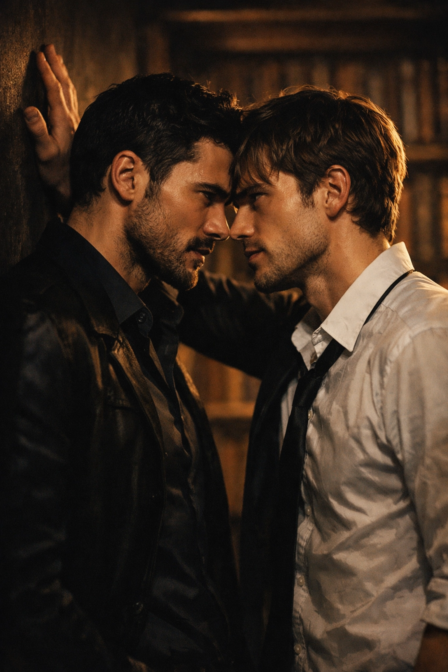 Intense enemies to lovers MM romance scene illustrating popular tropes in gay romance novels.